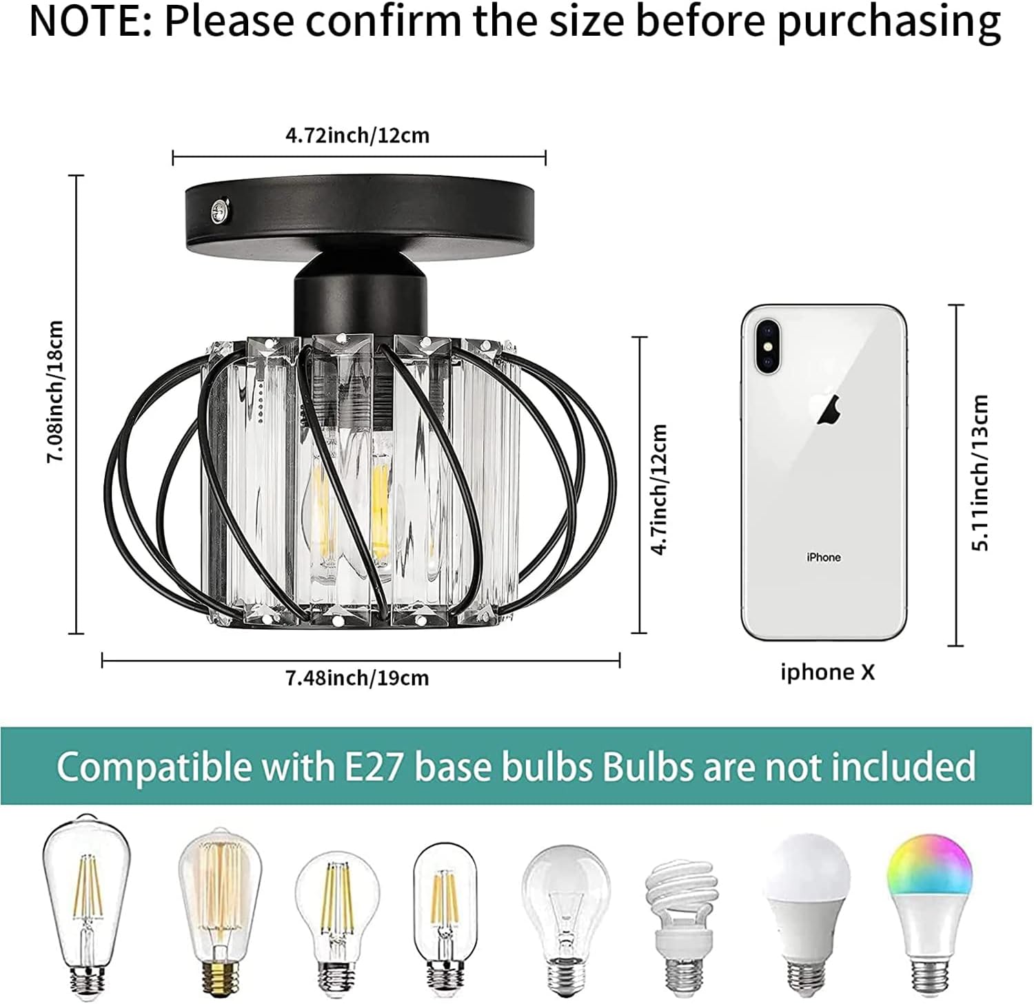Detalle de FRIDEKO HOME Modern Crystal Flush Ceiling Light Fixture (Black) – Industrial 2 Pack, E27