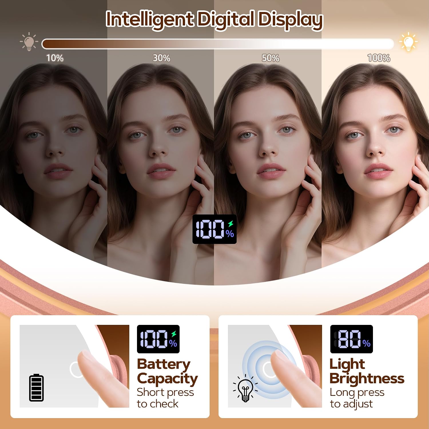 Detalle de B Beauty Planet Magnifying Mirror with Light 30X/1X (Double Sided, Rose Gold) with 3 Light Modes, Adjustable Height & 360° Rotation
