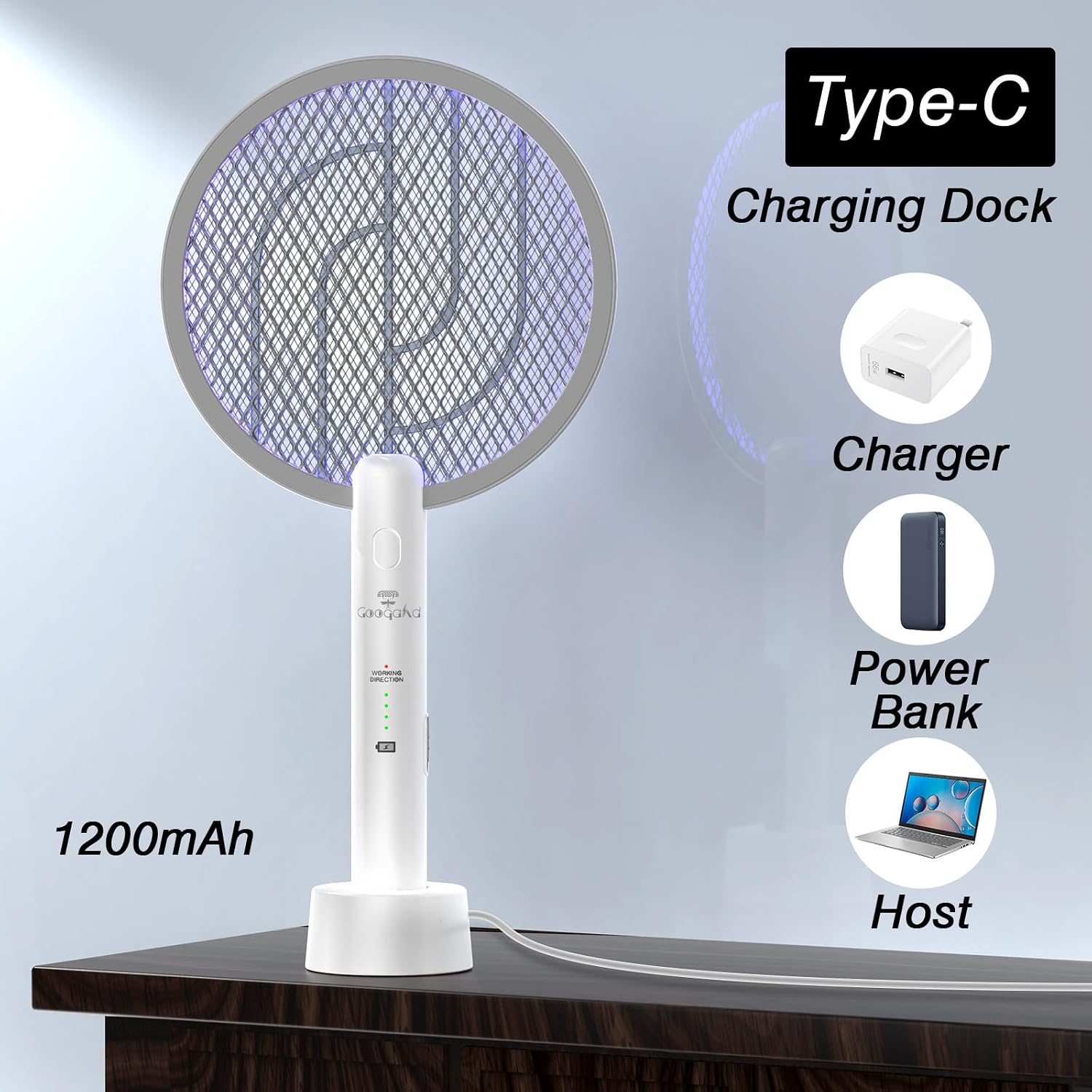Detalle 1 de GooQand WD-942 Electric Bug Zapper Racket, 4000V, Dual Mode, 3-Layer Mesh