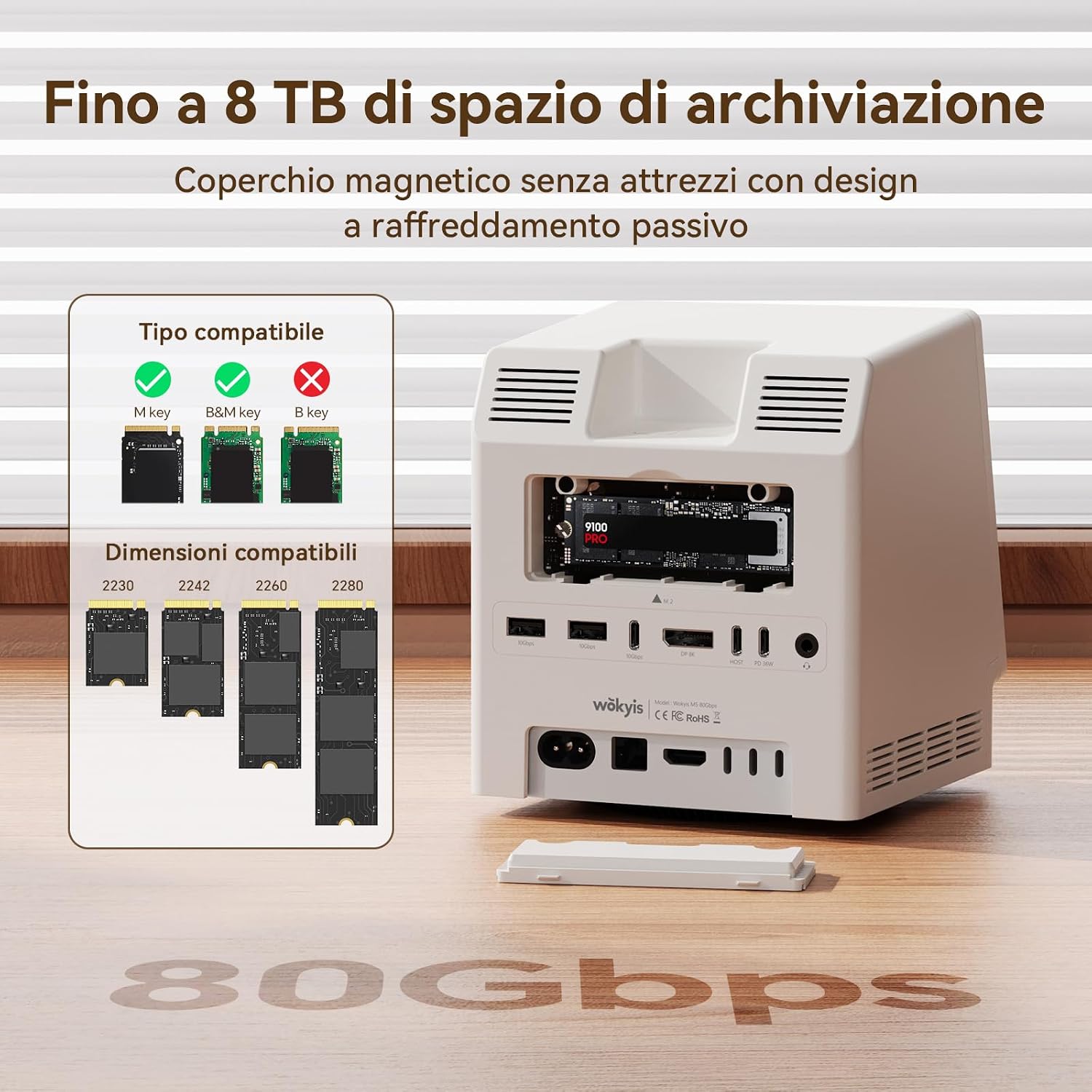 Detalle 2 de Wokyis M5 Retro Dock Station per Mac mini M4 Pro: hub Thunderbolt 80 Gbps con schermo integrato e raffreddamento
