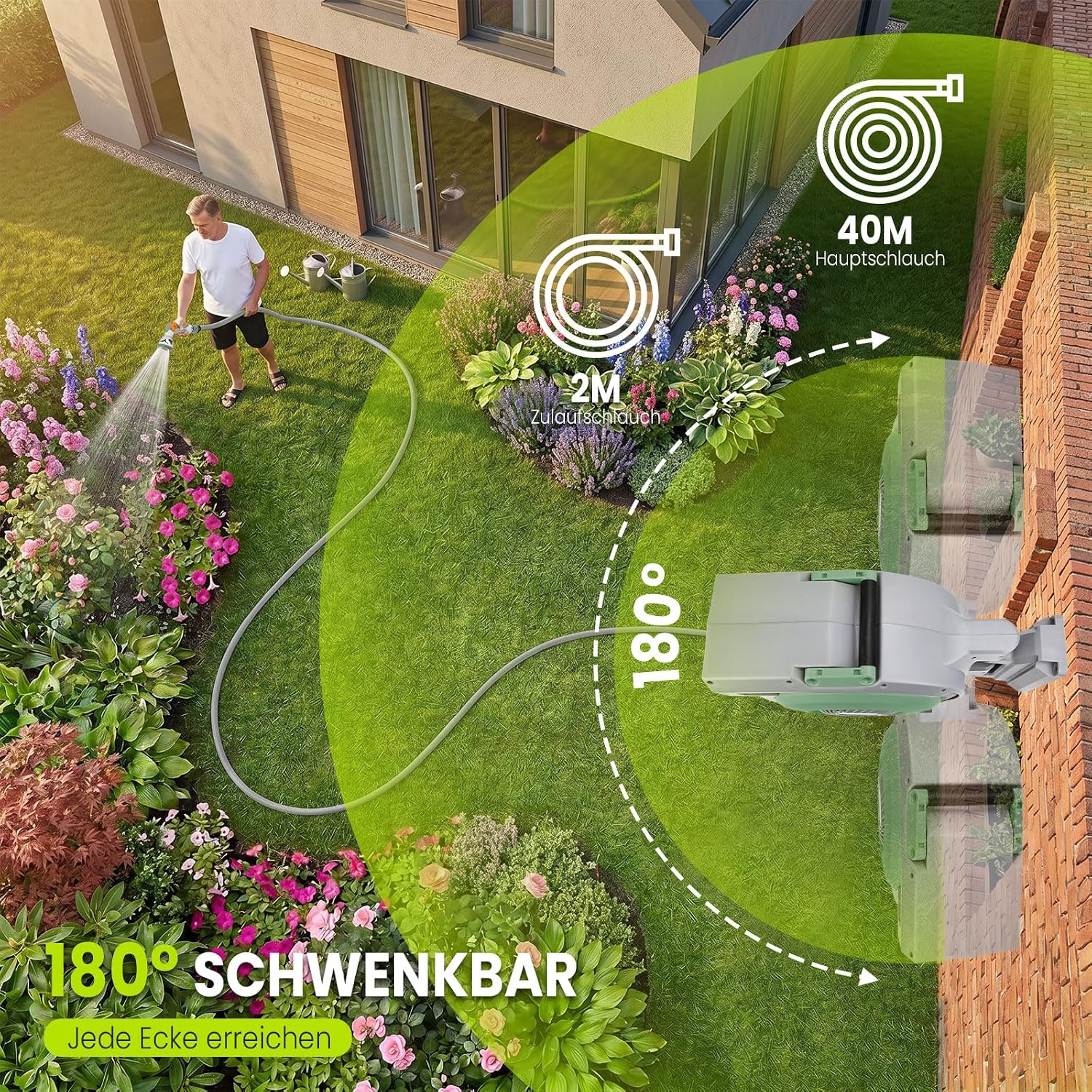 Detalle de Bietor Schlauchtrommel Wasser40m + 2m – Automatischer Wand-Schlauchaufroller mit 180° Schwenkarm und 10-fach Sprühpistole