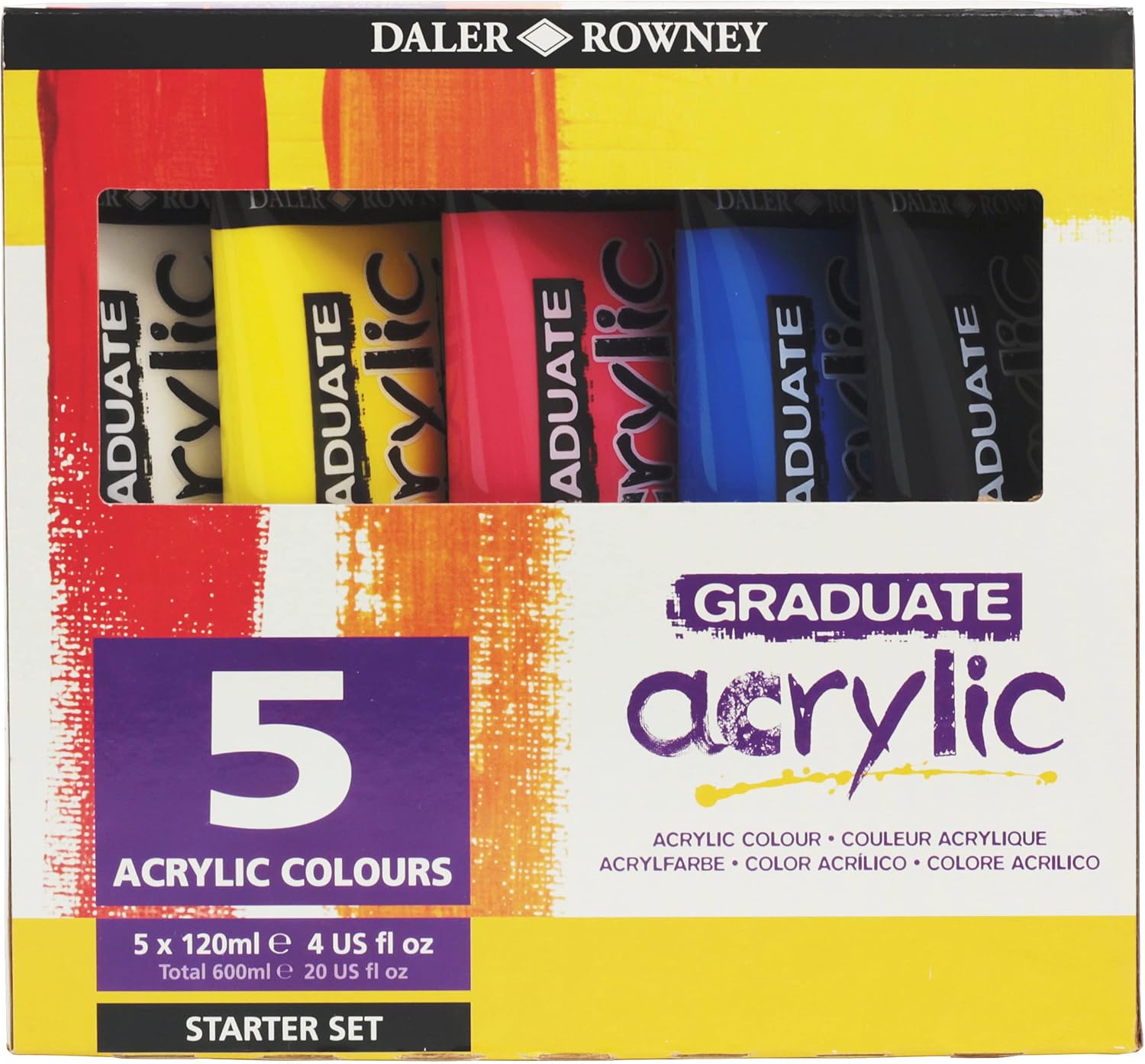 Detalle de Daler Rowney GRADUATE Acrylic Starterset 5x120 ml – Primärfarben, Schwarz und Titanweiß