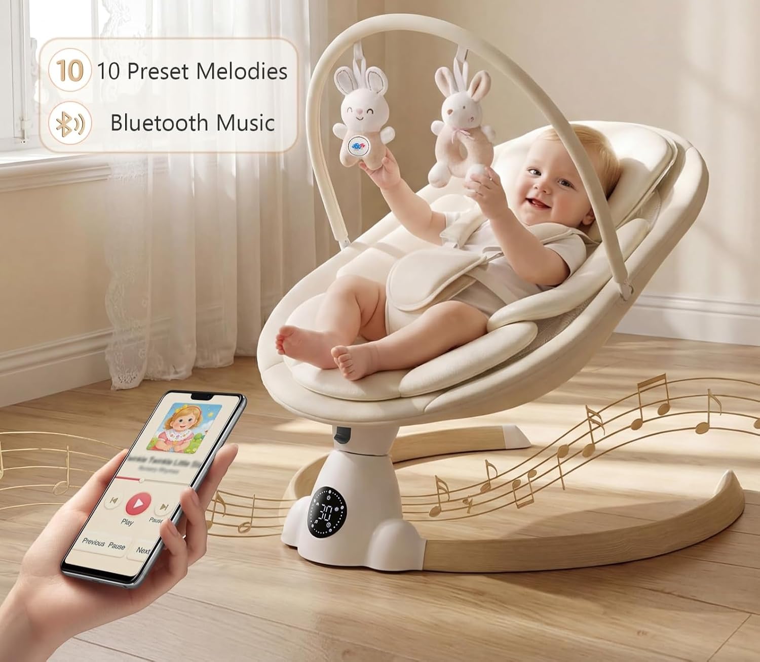 Detalle 1 de Ansha Baby Portable Electric Infant Swing, Beige, Bluetooth and 5-Point Harness