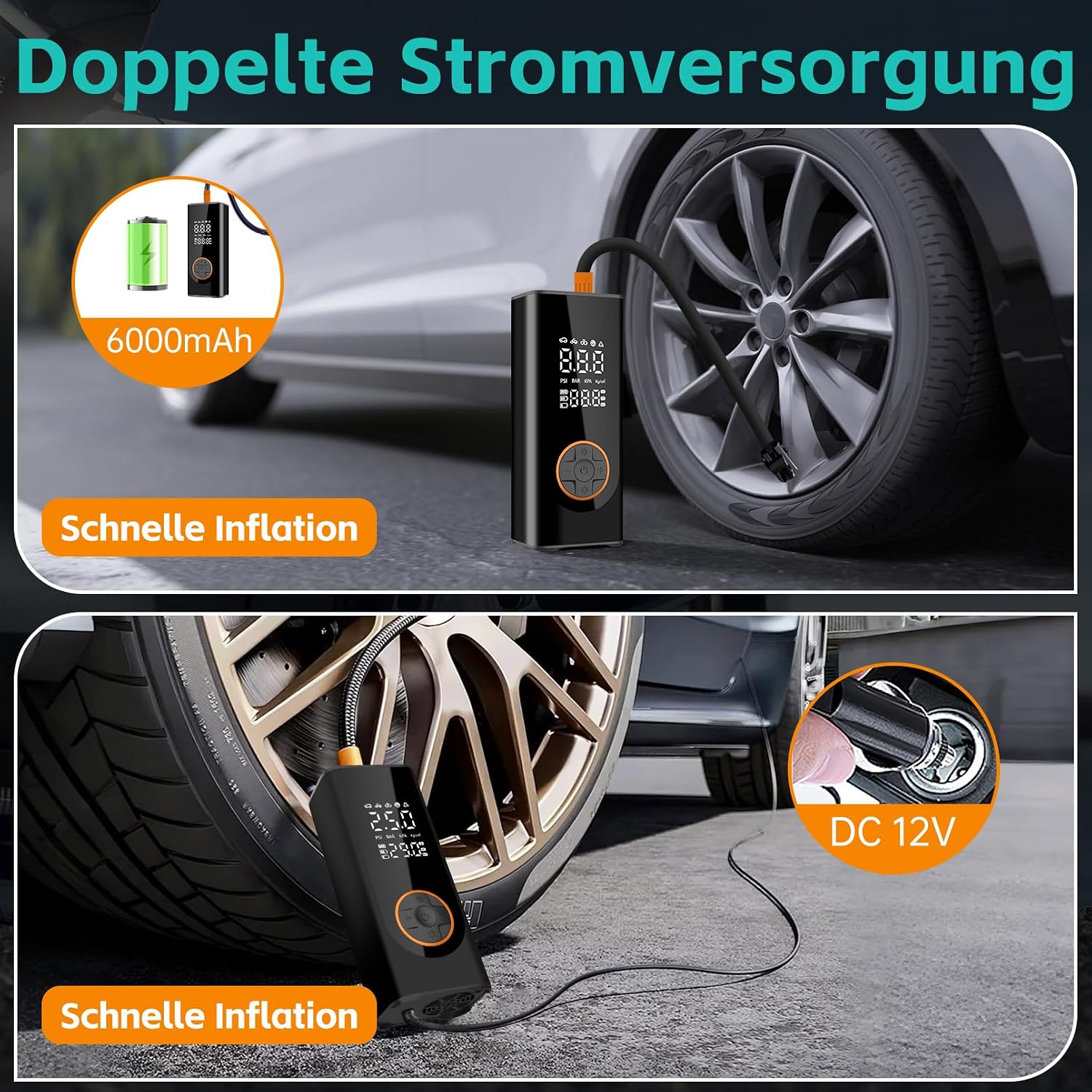 Detalle de Wirelume kabellose elektrische Luftpumpe 150 PSI (6000 mAh) für Fahrrad & Auto – mit LED-Licht und Auto-Stopp