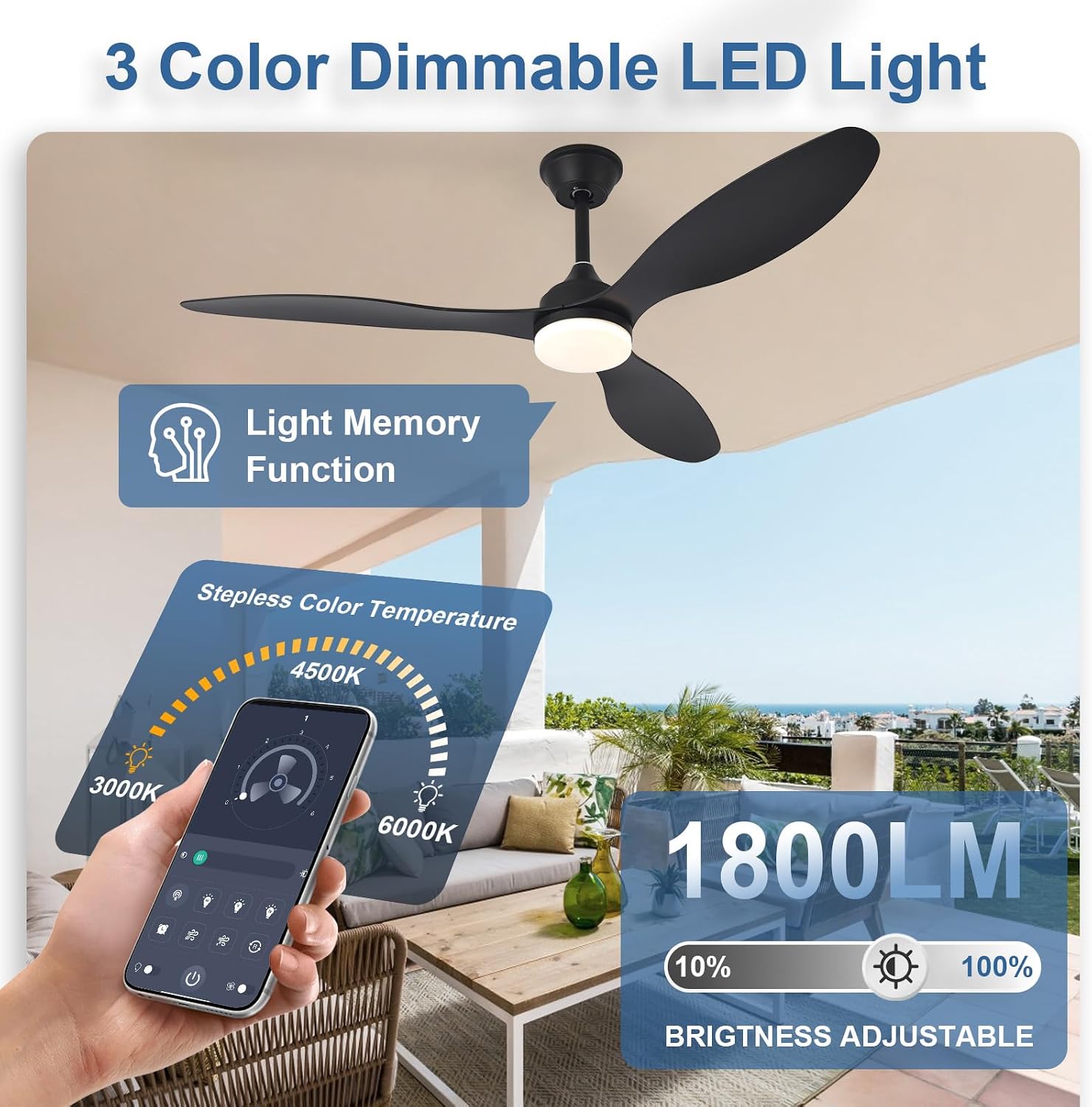 Detalle 2 de AIROPLUX 52IN-3BLD-BK 52-inch Ceiling Fan with Dimmable LED and App Control