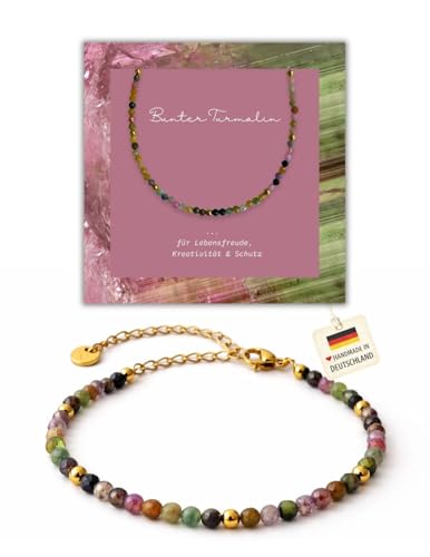Detalle de Happymaker - Bracciale Donna con Tormalina Multicolore, Pietra Naturale, Perline e Chiusura in Acciaio Inox Placcato Oro 18K, Fatto a Mano in Germania