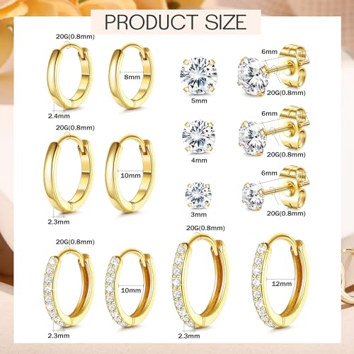 Detalle de Dochais Ohrringe Gold – 316L Chirurgenstahl Steckerstift, 18K Gold vergoldet, 7 Paar Huggie Creolen und Stecker