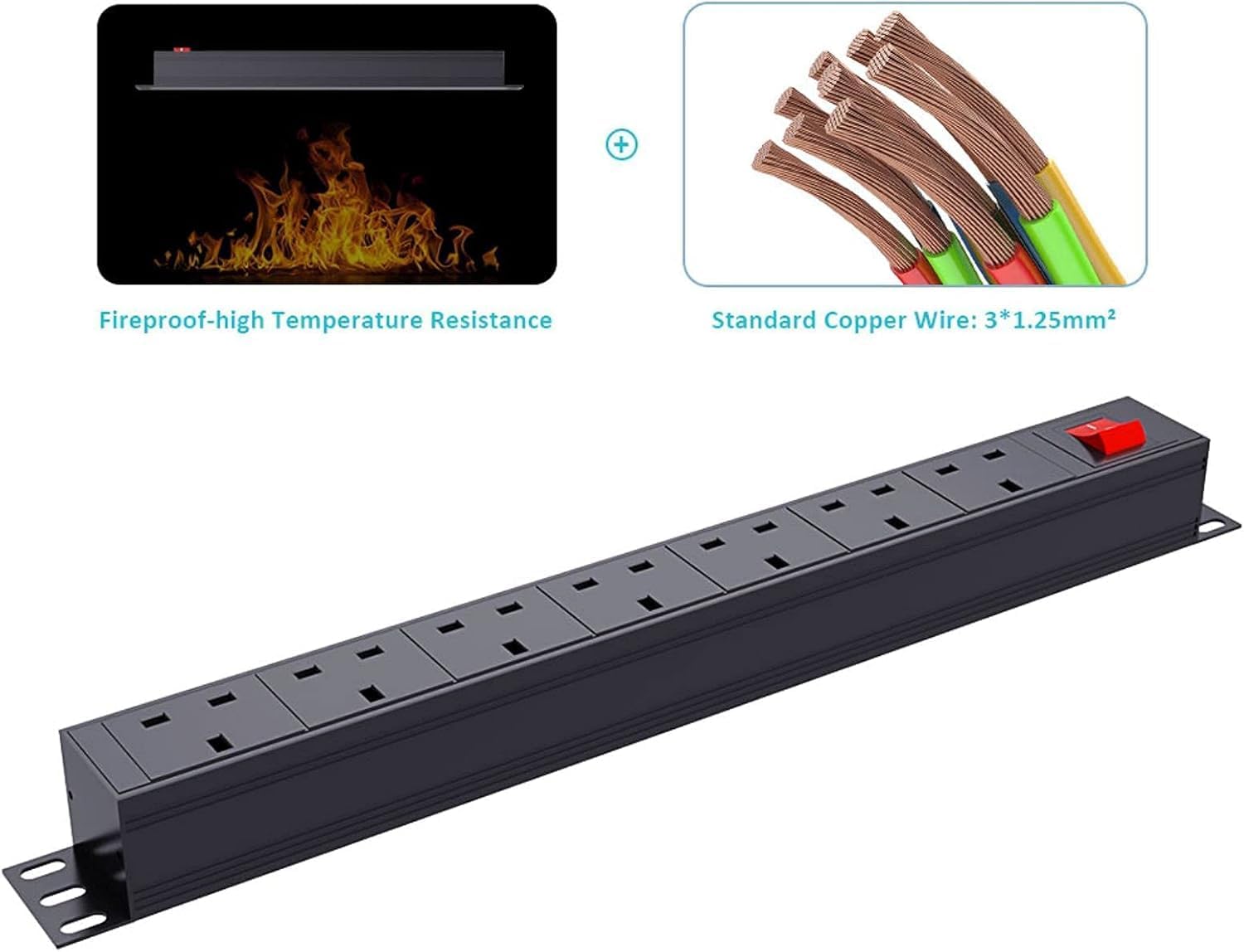Detalle 2 de Extension Lead Surge Protection 7-Way Power Strip with Switch, 3m Cable (13A) – Horizontal Rack/Wall Mount PDU