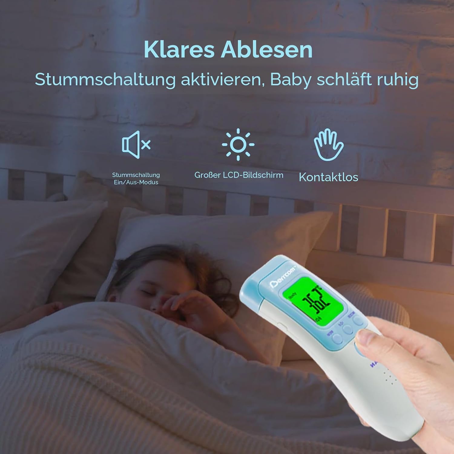 Detalle de Berrcom Fieberthermometer Kontaktlos Stirnthermometer – Infrarot 3-in-1, Fieberalarm, LCD Anzeige