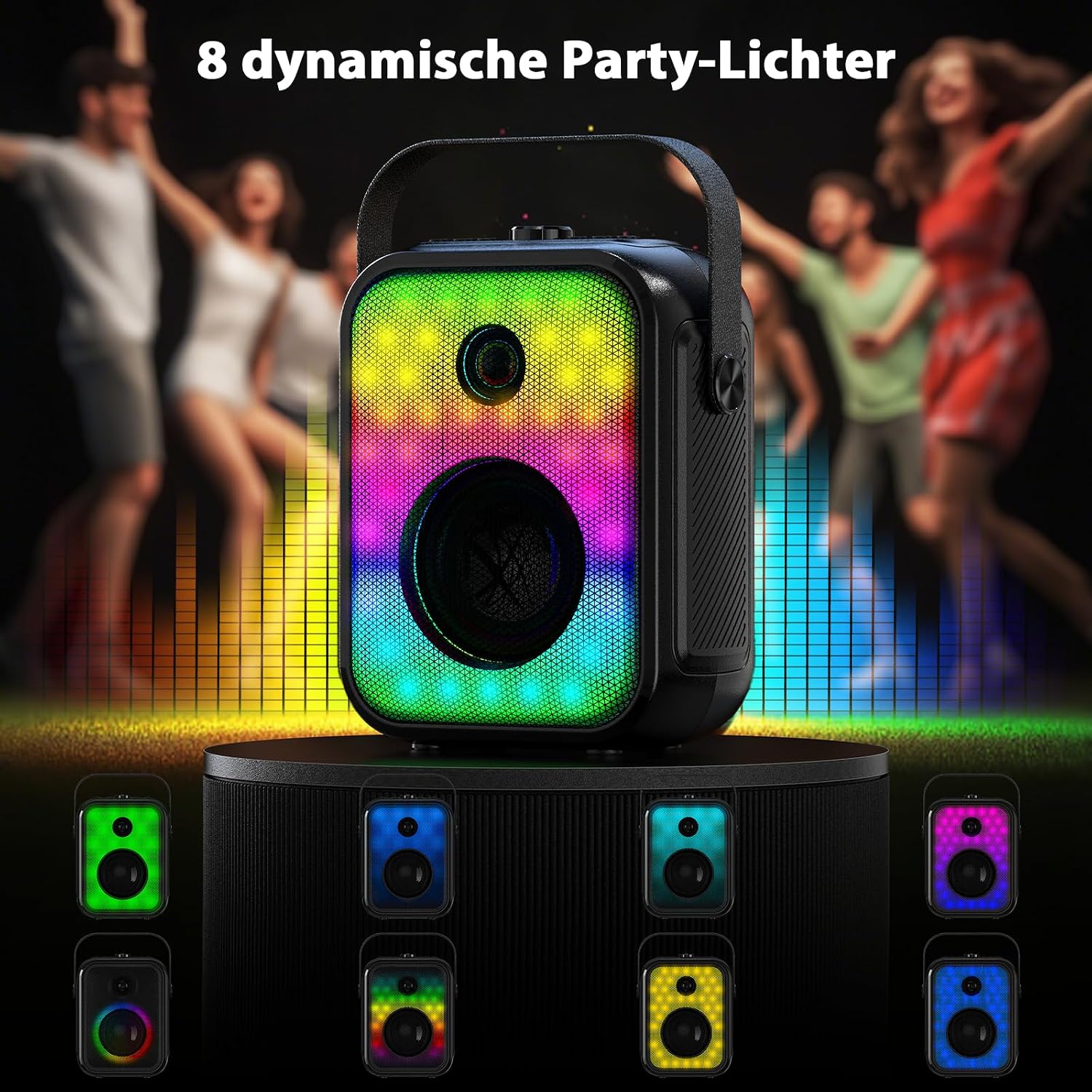Detalle 2 de Karaoke Maschine für Erwachsene – 2 kabellose Mikrofone, tragbarer Bluetooth-Lautsprecher, TWS-Stereo, Bassregelung und LED-Beleuchtung