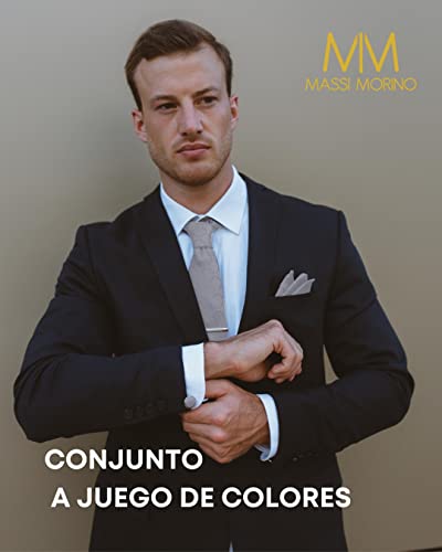 Detalle de Massi Morino Morino Corbata Gris de Cuadros con Pañuelo a Juego y Accesorios – Set 5 en 1 para Hombre
