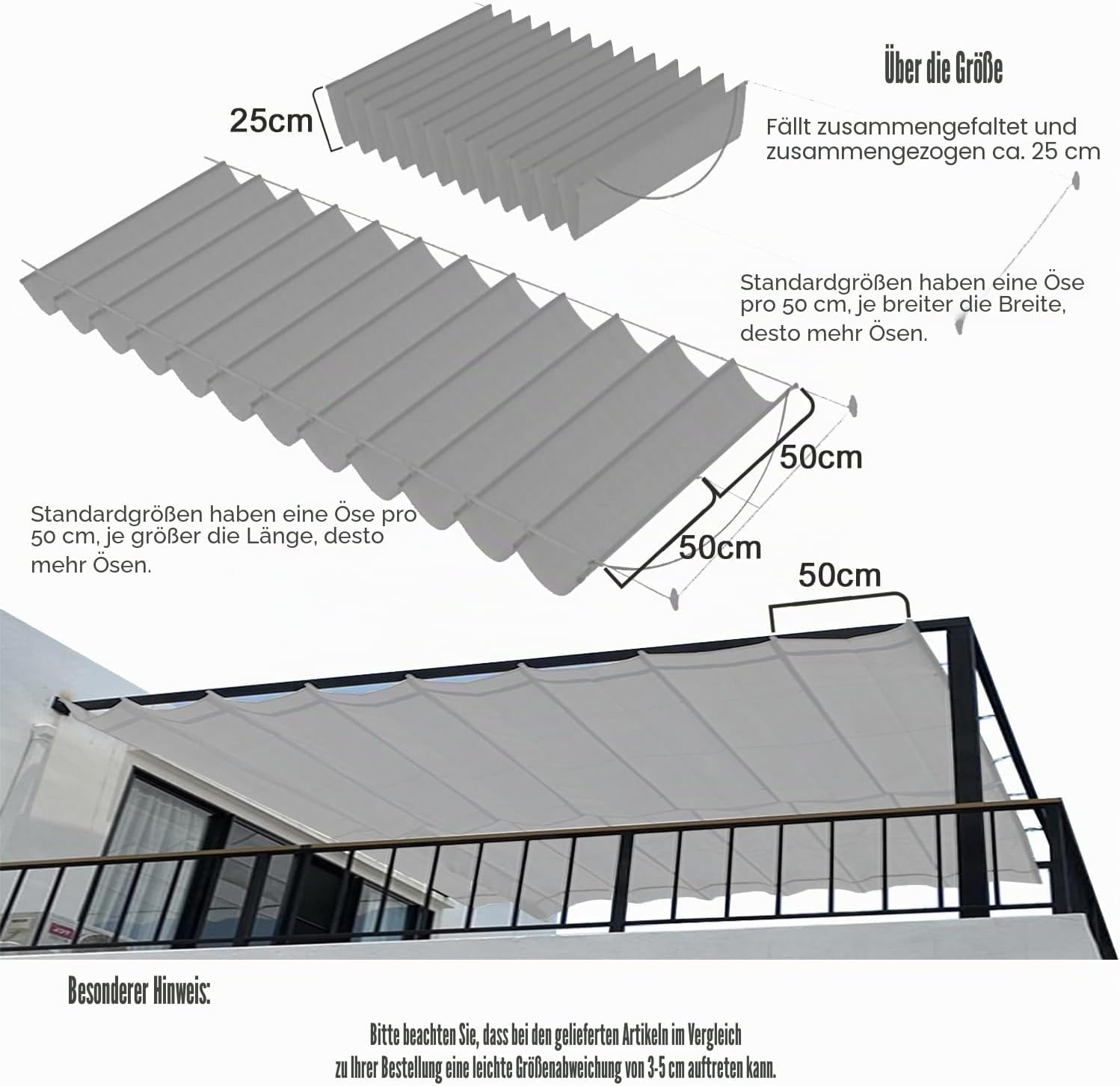 Thumbnail 6 de Einziehbares Wellen-Sonnenschutzdach 0,9 × 3,5 m Grau – verstellbar, wetterfest und individuell gestaltbar