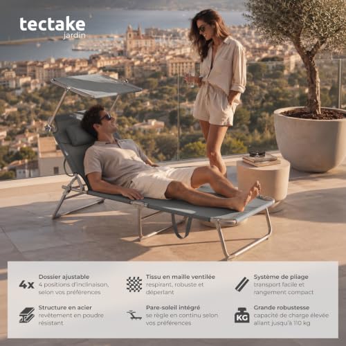 Detalle de tectake Lot de 2 chaises longues pliables 190x68x111 cm – réglables 4 positions, pare-soleil et appui-tête (gris)