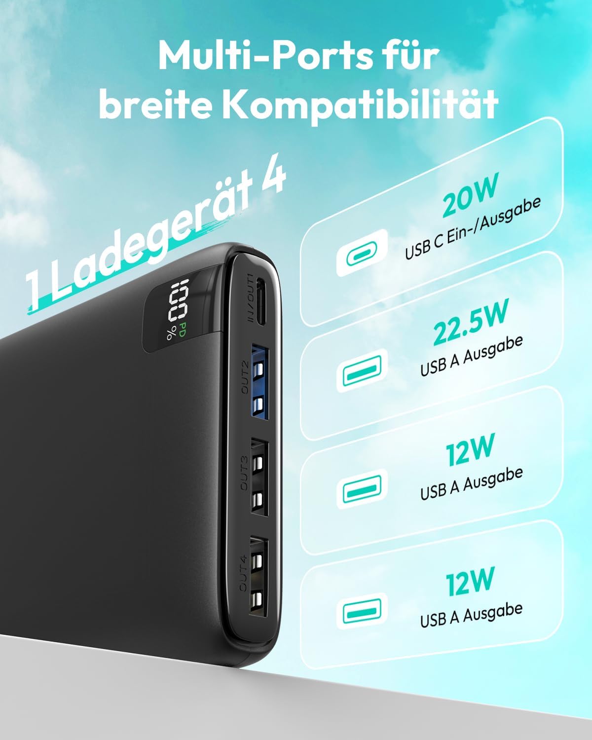 Thumbnail 6 de A ADDTOP Power Bank 20000mAh – 22,5W Schnellladefunktion, 4 Ausgänge, kompakt & sicher