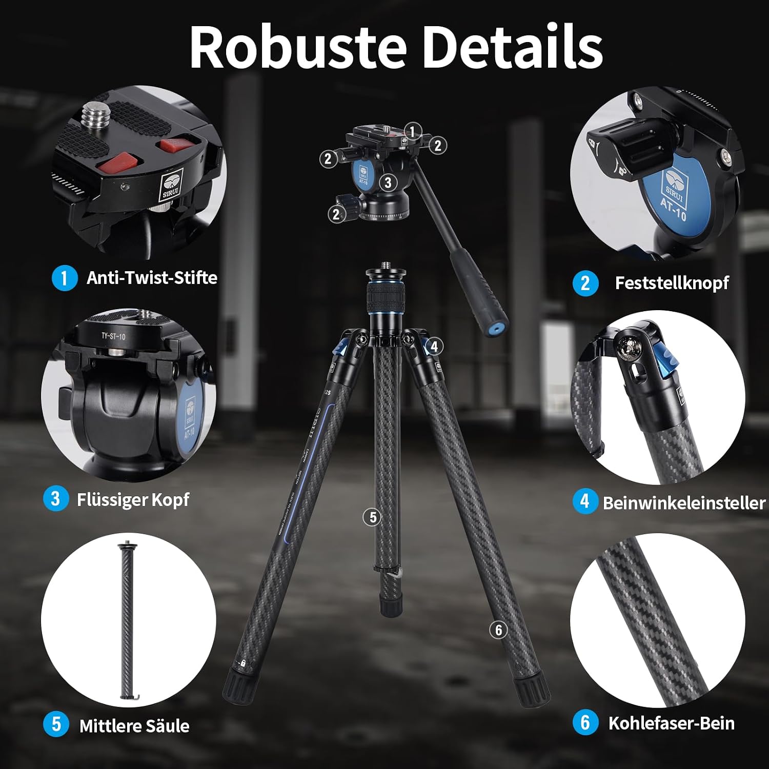 Detalle de SIRUI Traveler X Carbon Video Stativ (0,95 kg) mit Fluidkopf & Quick-Twist-System für Arca-Swiss