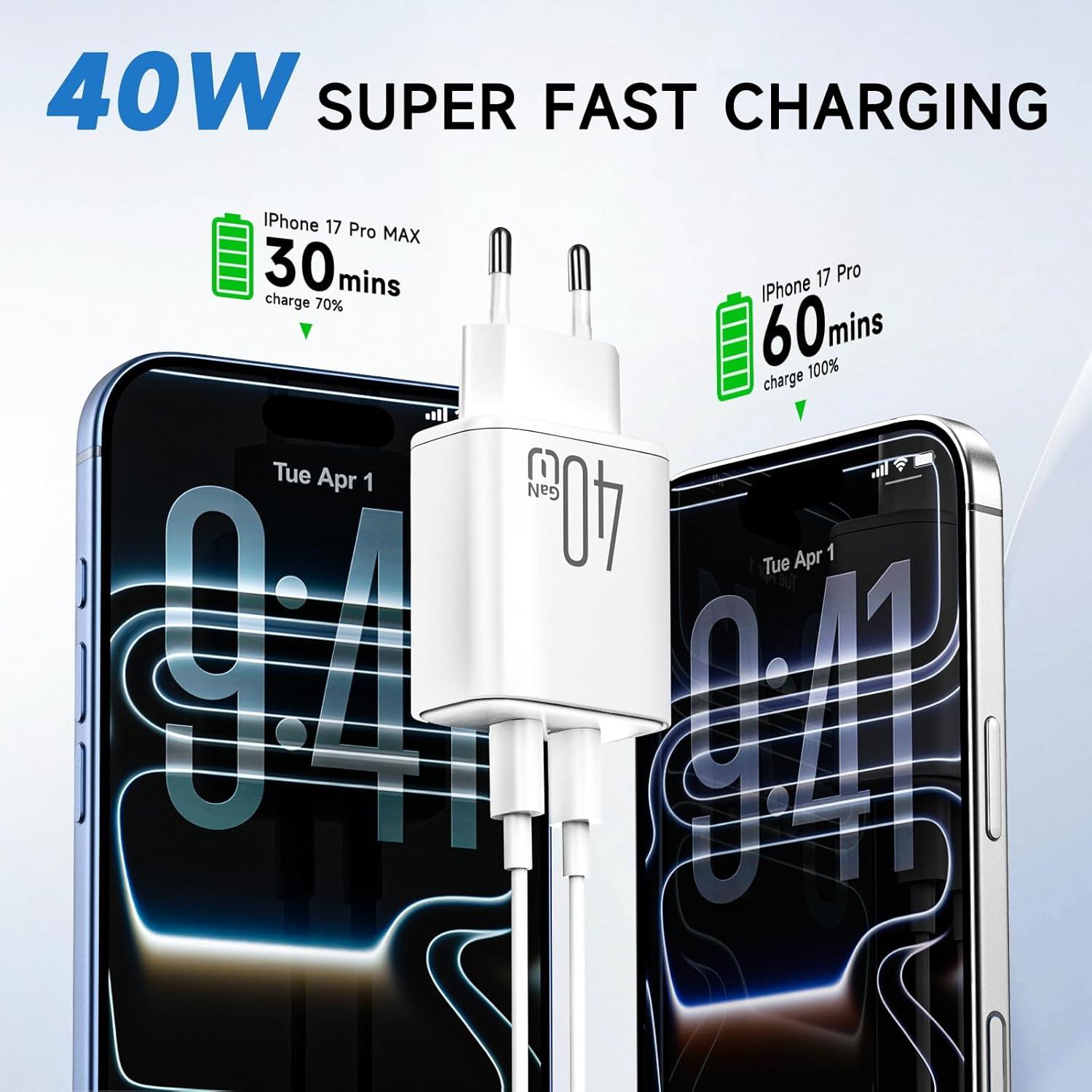 Thumbnail 1 de ViSSKO caricatore USB-C doppia porta 40W per iPhone 17 Pro Max e iPad, con 2 cavi USB-C intrecciati da 1,8 m