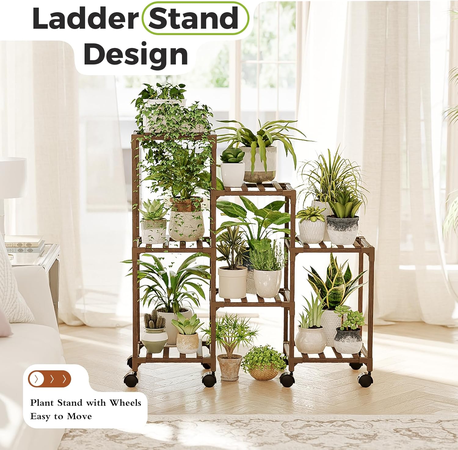 Detalle 2 de Bamworld plant stand with wheels — 3-tier wooden ladder shelf for indoor and outdoor pots
