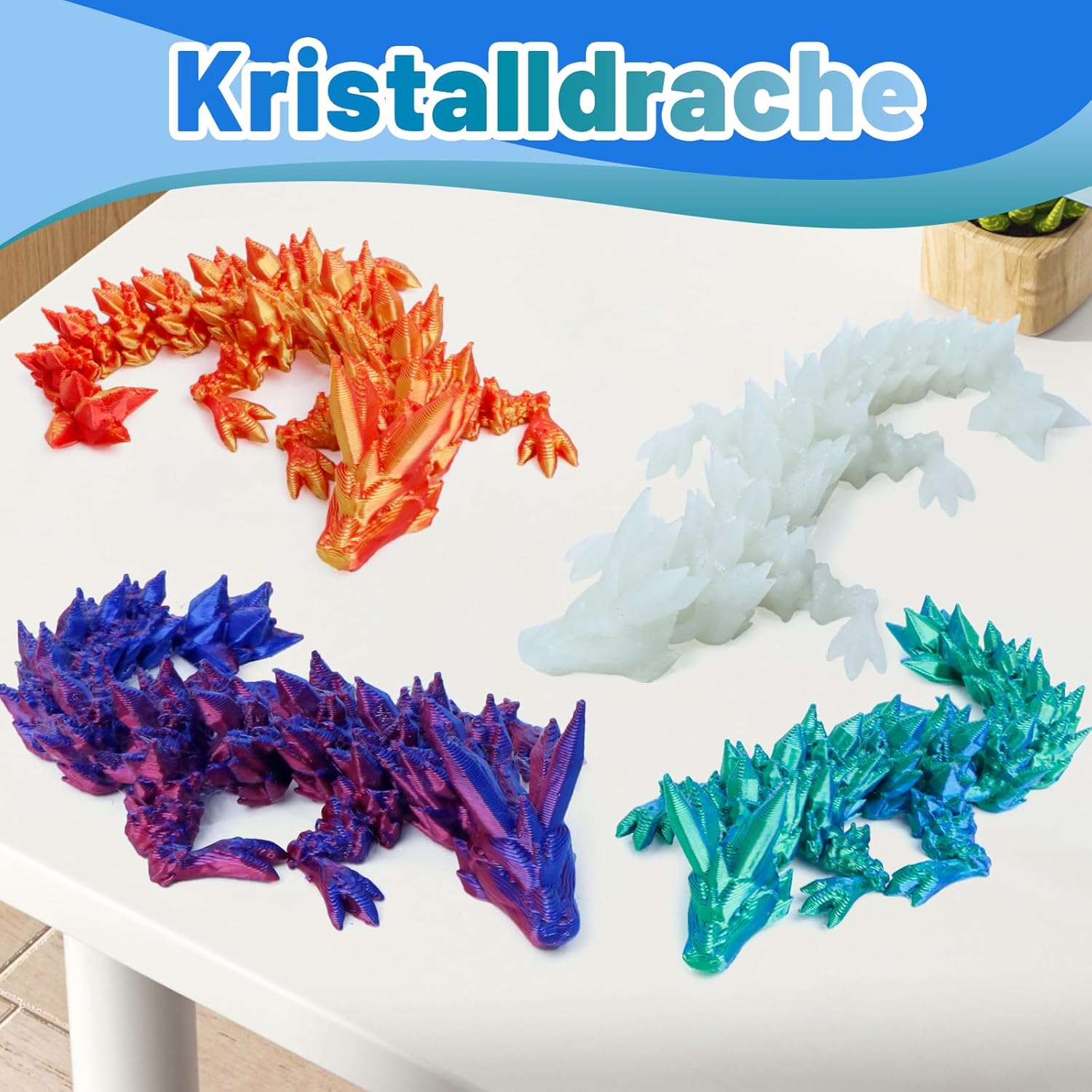 Thumbnail 3 de Flavery 4er Set 3D-Drachenei mit beweglichem Kristall-Drache – Blau, Gold, Grün (mit Glühen)