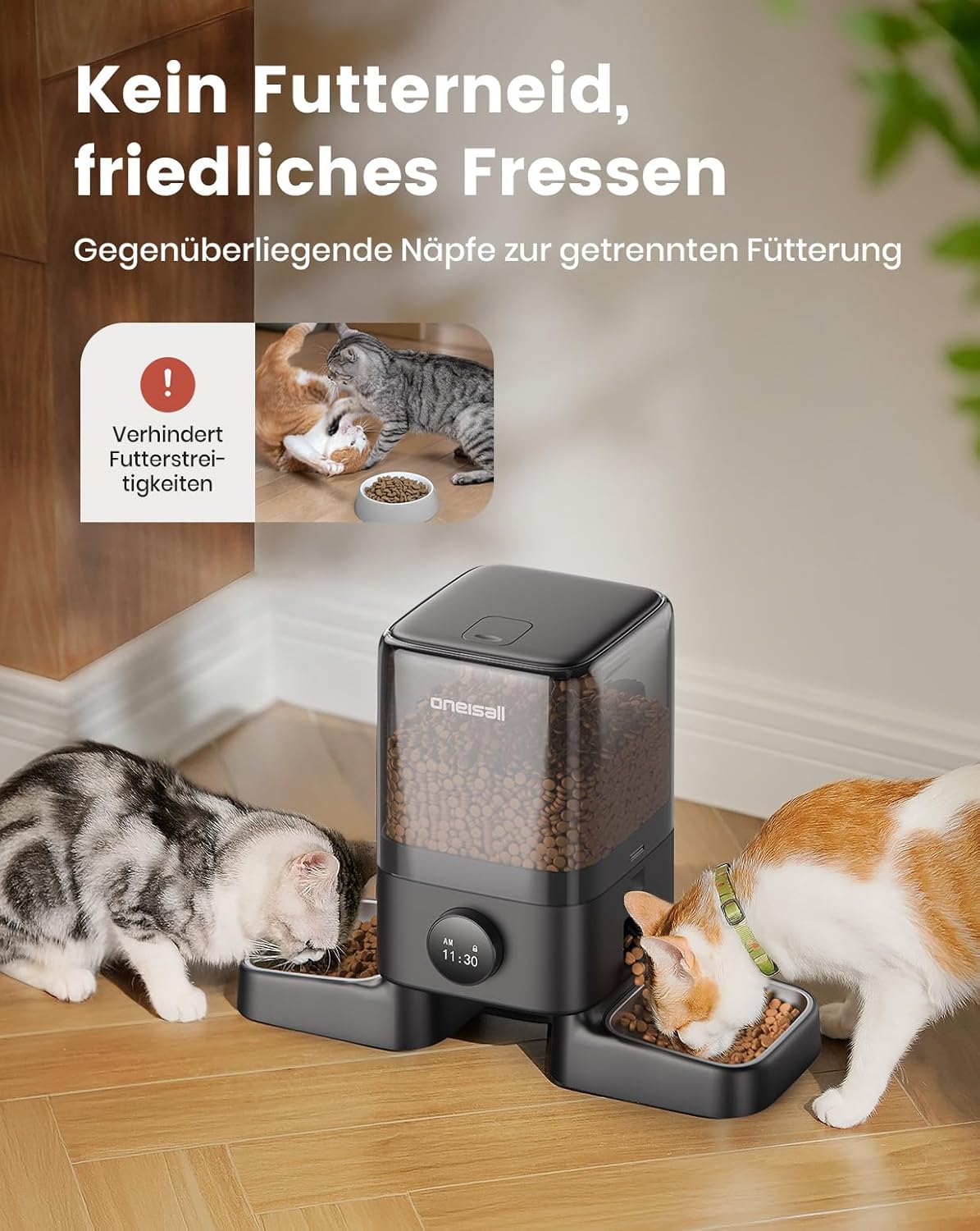 Thumbnail 1 de oneisall 5L Futterautomat für Katzen mit 2 Näpfen und 304-Edelstahl (bis zu 1–6 Mahlzeiten/Tag)