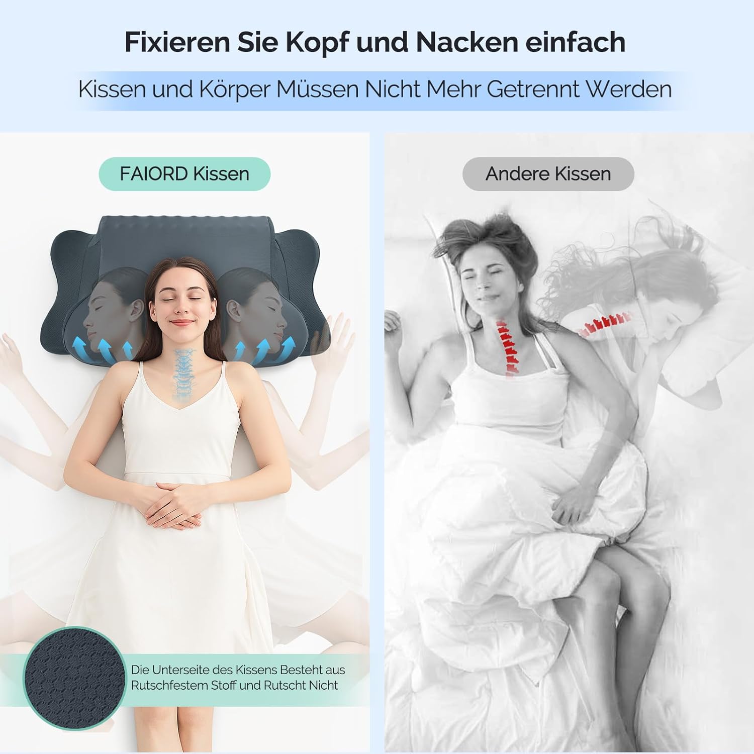 Thumbnail 6 de FAIORD Nackenkissen Memory Foam – Ergonomisches Kopfkissen für Seiten-, Rücken- und Bauchschläfer