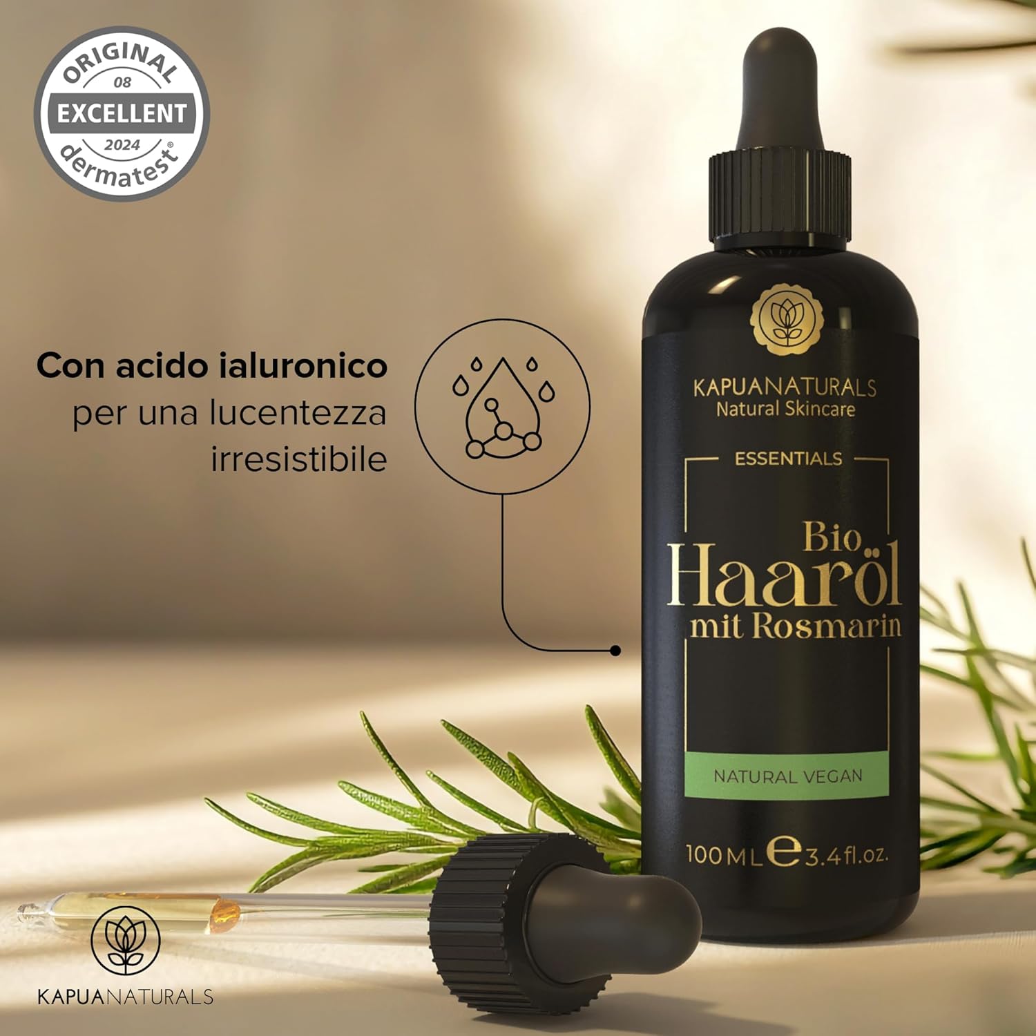 Detalle de Olio di rosmarino per capelli 100 ml + acido ialuronico | con biotina, vegan e biologico