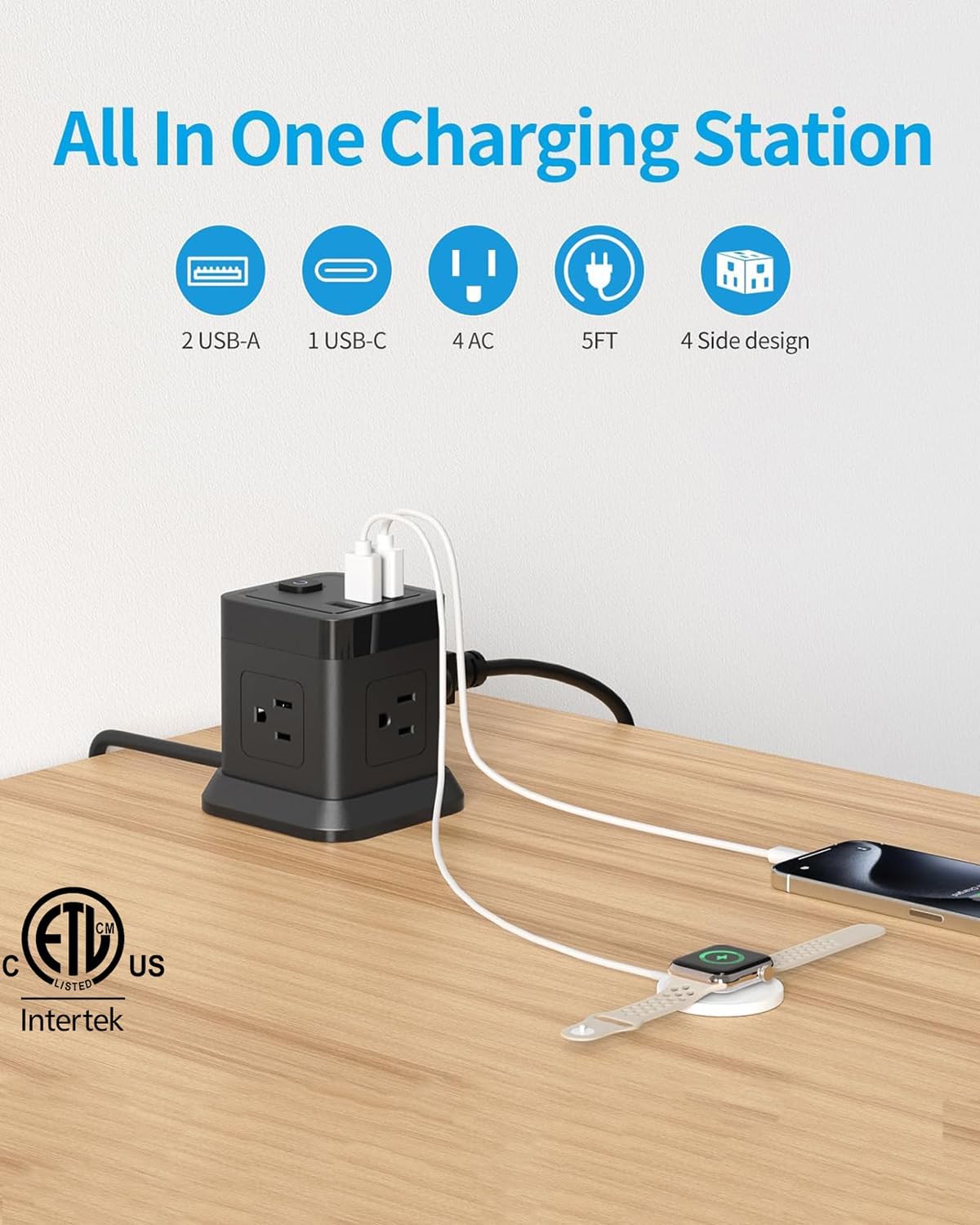 Detalle de FDTEK Flat Plug Power Strip with USB (4 AC + 3 USB), 5 ft Cube Extension Cord, Overload Protection, Black