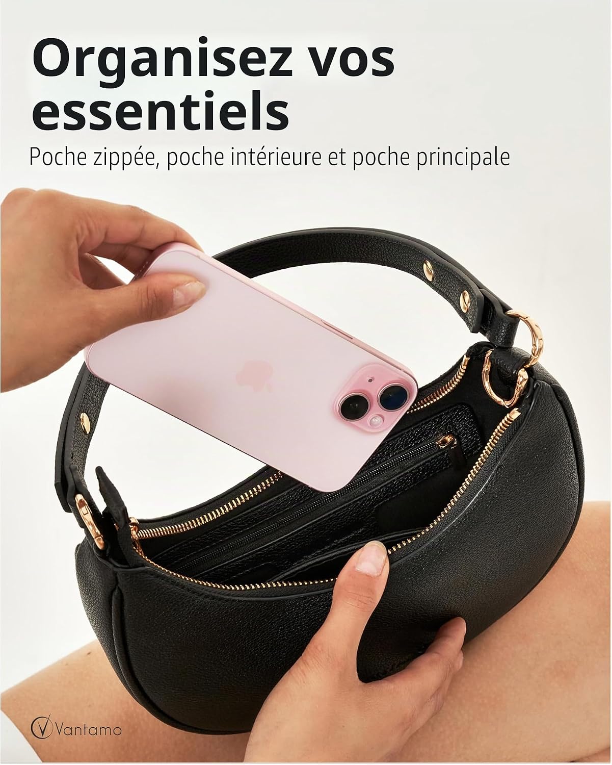 Detalle de Vantamo Sac demi-lune pour femme en similicuir avec protection RFID et bandoulière réglable