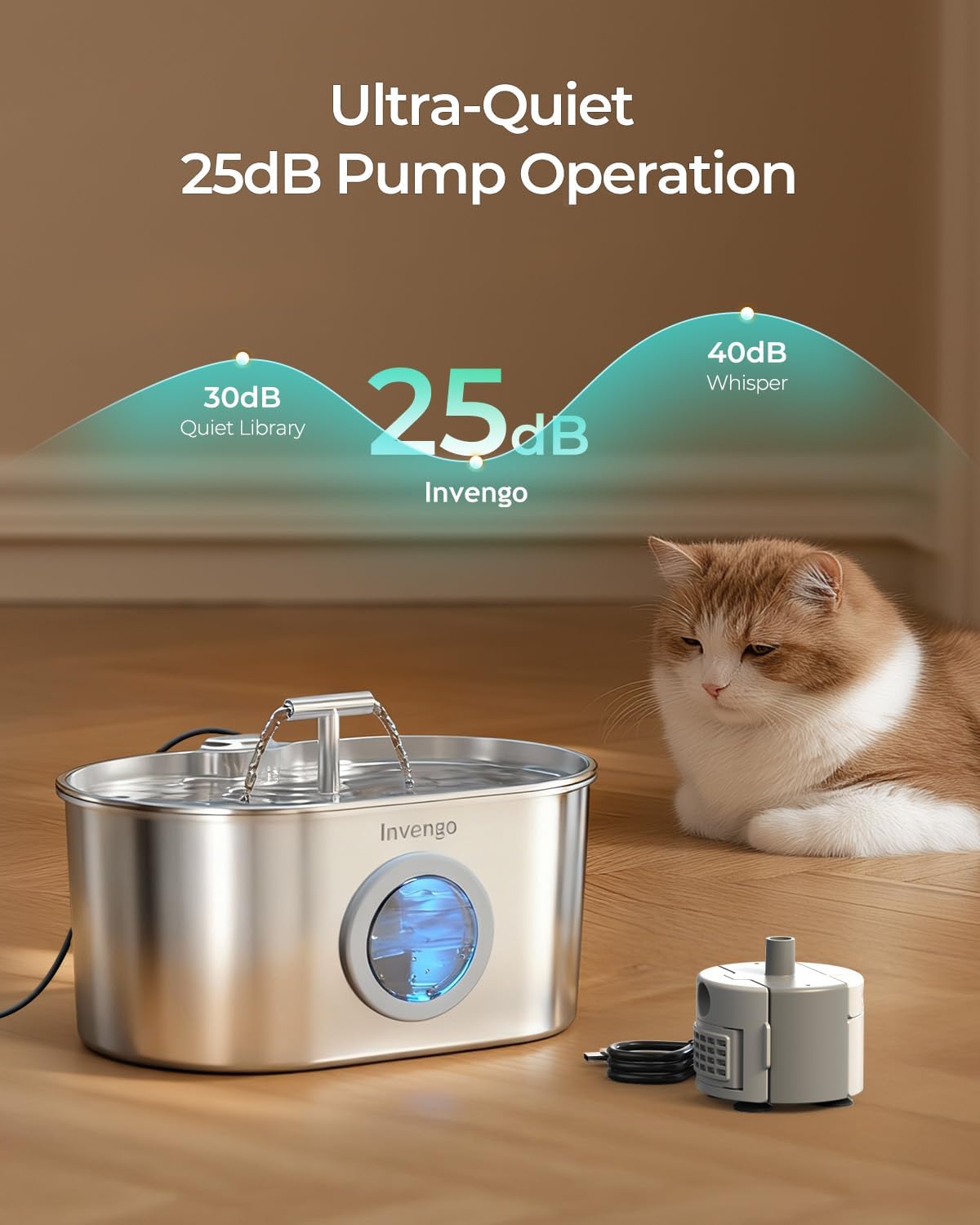 Detalle de Invengo Cat Water Fountain (2.2L) for Drinking with Ultra-Quiet Pump, 304 Stainless Steel & 4 Replacement Filters