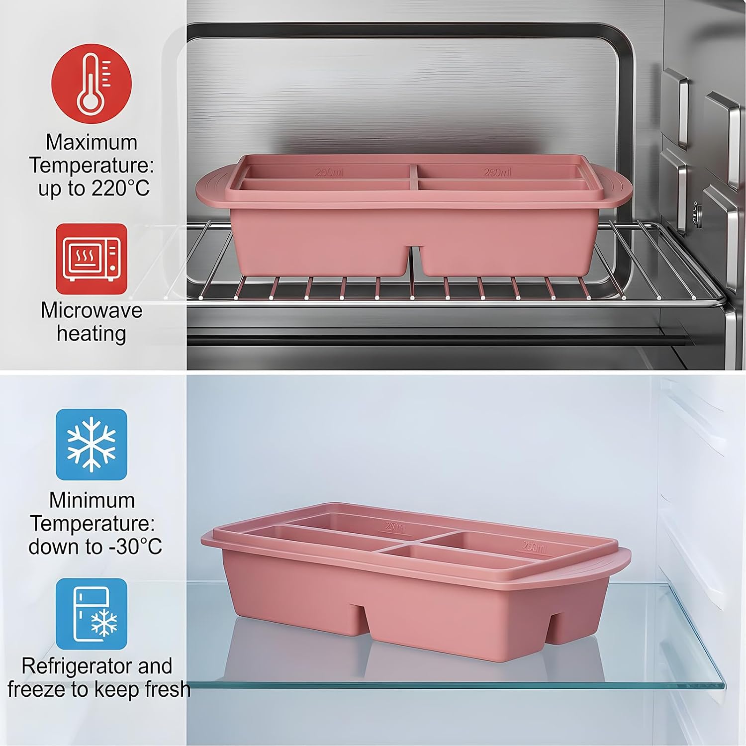 Detalle 2 de AiQInu Stampo in Silicone per Brodi e Alimenti in Purea – 4 Scomparti con Coperchio Ermetico