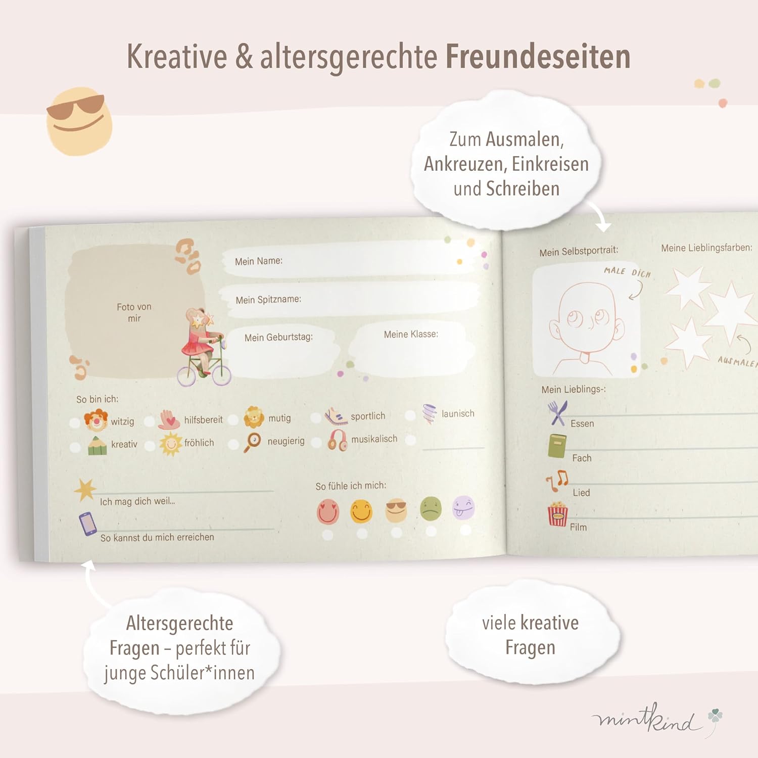 Thumbnail 2 de Mintkind Freundebuch Grundschule Smileys – Kreatives Erinnerungsbuch zur Einschulung mit Ausmalbildern, Fragen & Fotos