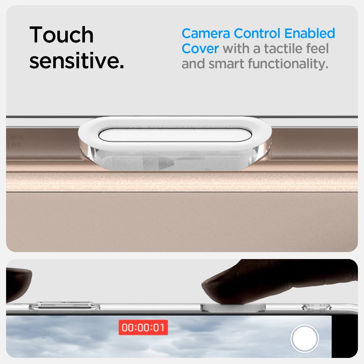 Detalle de Spigen Ultra Hybrid T MagFit pour iPhone 16 Pro (coque blanche) avec Camera Control