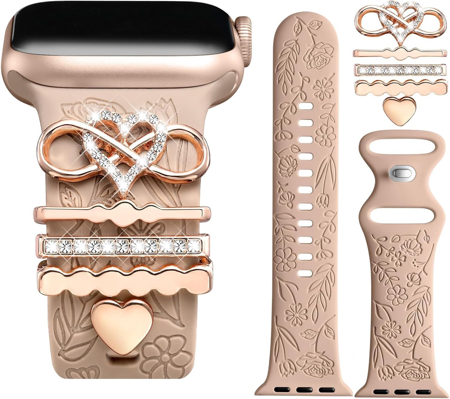Detalle de JJii Sung Designer Flower Engraved Strap with Charming Decoration for Apple Watch (Women 38mm–46mm)