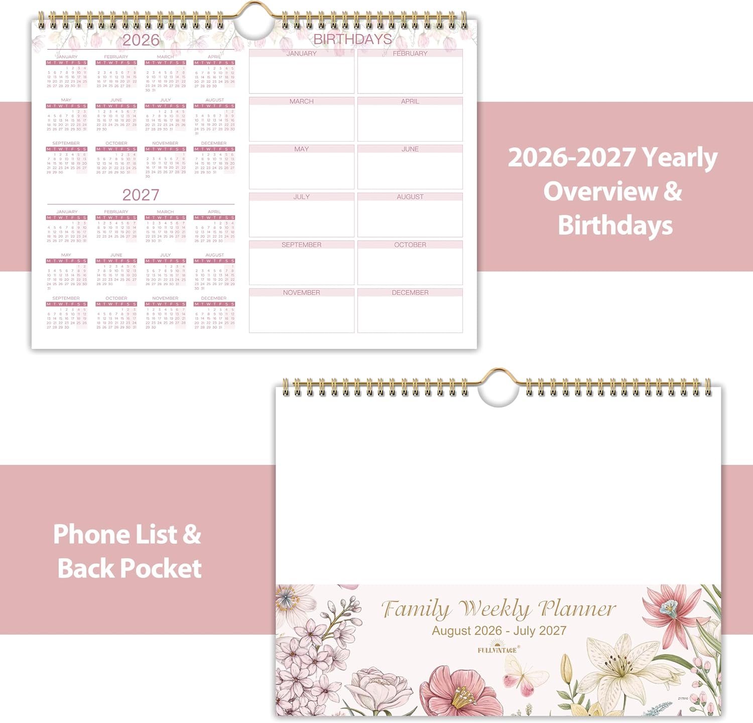 Detalle de Family Calendar 2026-2027: Floral 6-Column Weekly Planner (Aug 2026–Jul 2027)