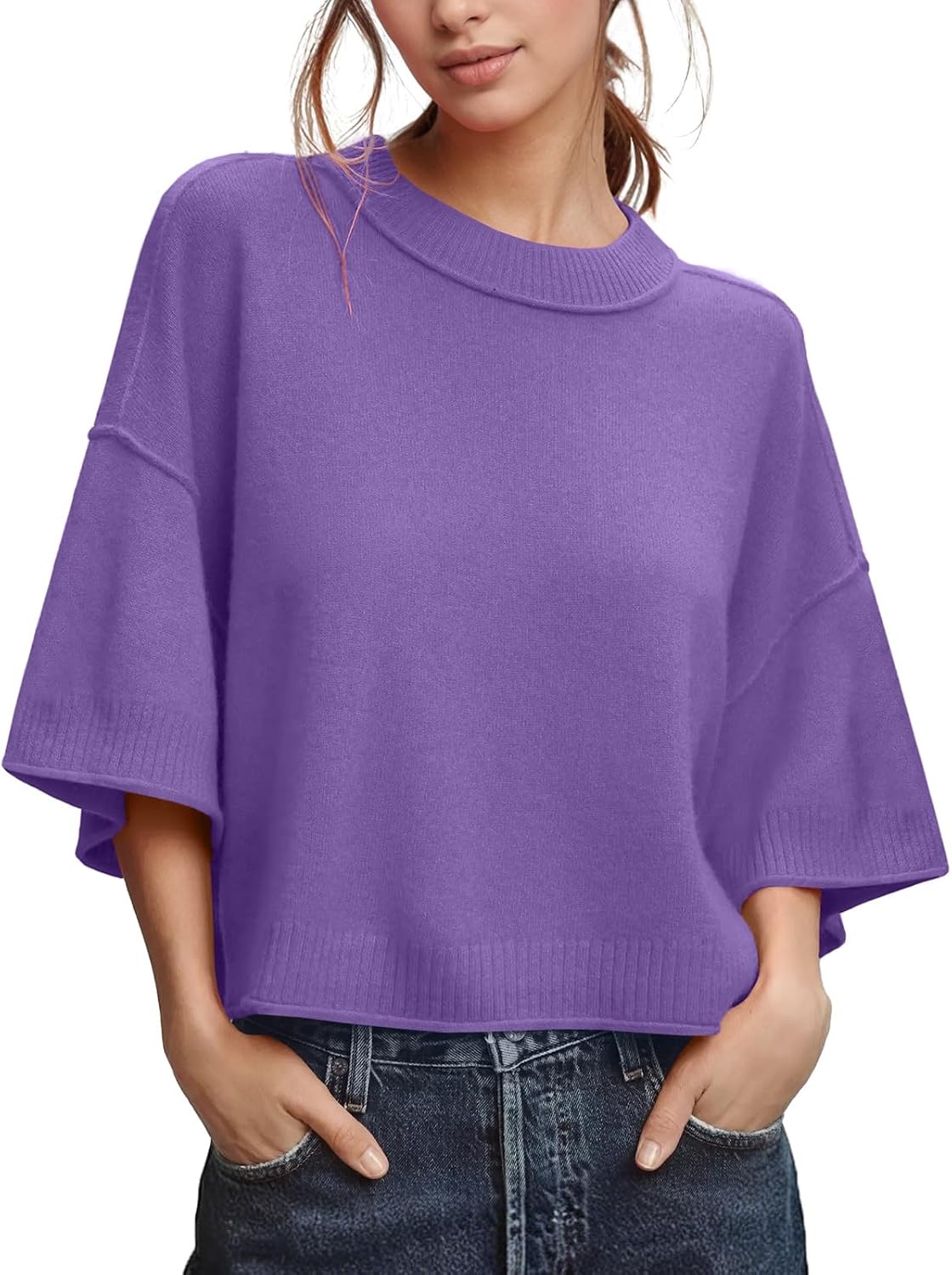 Detalle de Women's Cropped Knit Pullover Sweater, Crew Neck, Loose Fit, Ribbed Trim