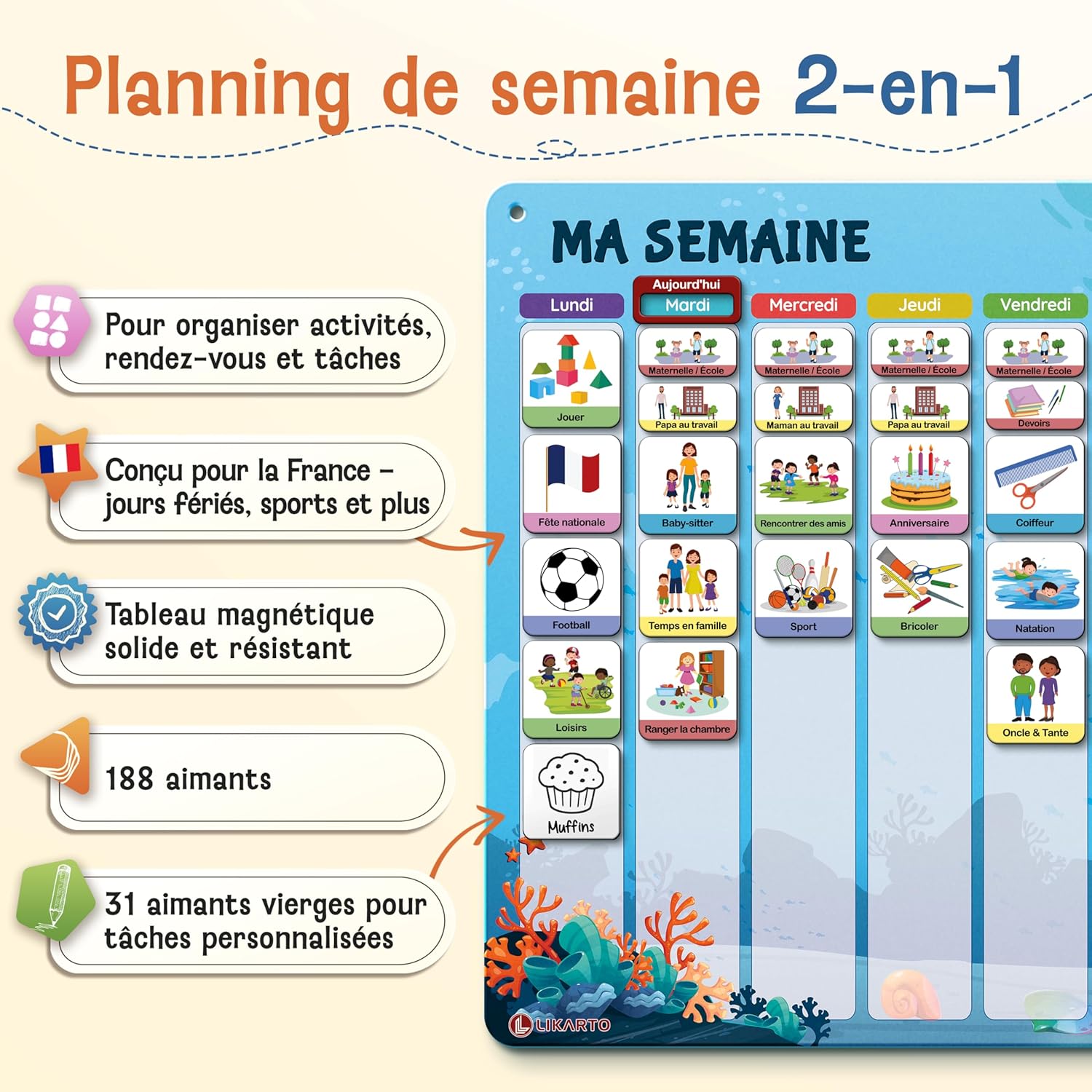 Thumbnail 1 de LIKARTO 2-en-1 Tableau Enfant – Semainier & Routine avec 188 Aimants