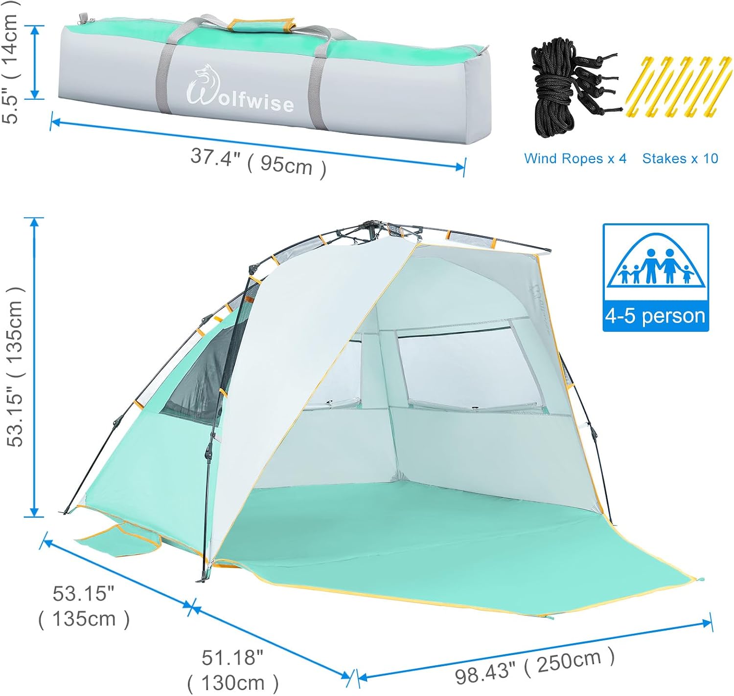Detalle 2 de Wolfwise Instant Beach Tent Sun Shelter with Zippered Extendable Porch
