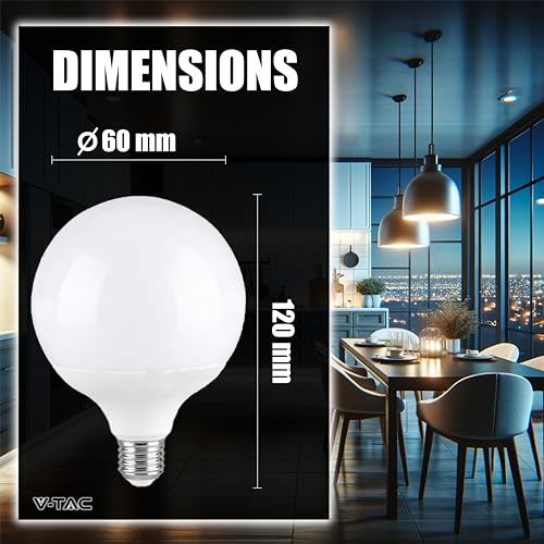 Detalle de V-TAC Bombilla LED Globo E27-22W (Equivalente a 155W) G120-2600 Lumen, 3000K – Máxima eficiencia para iluminación general