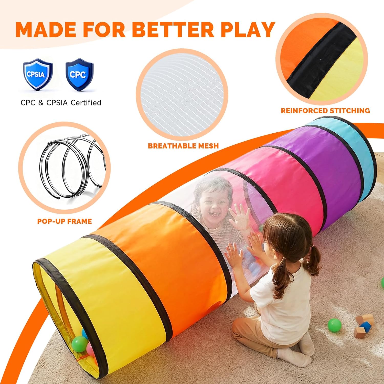 Thumbnail 6 de Tunnel Enfant coloré 180 cm – tente de jeux pop-up en maille respirante pour parcours de motricité