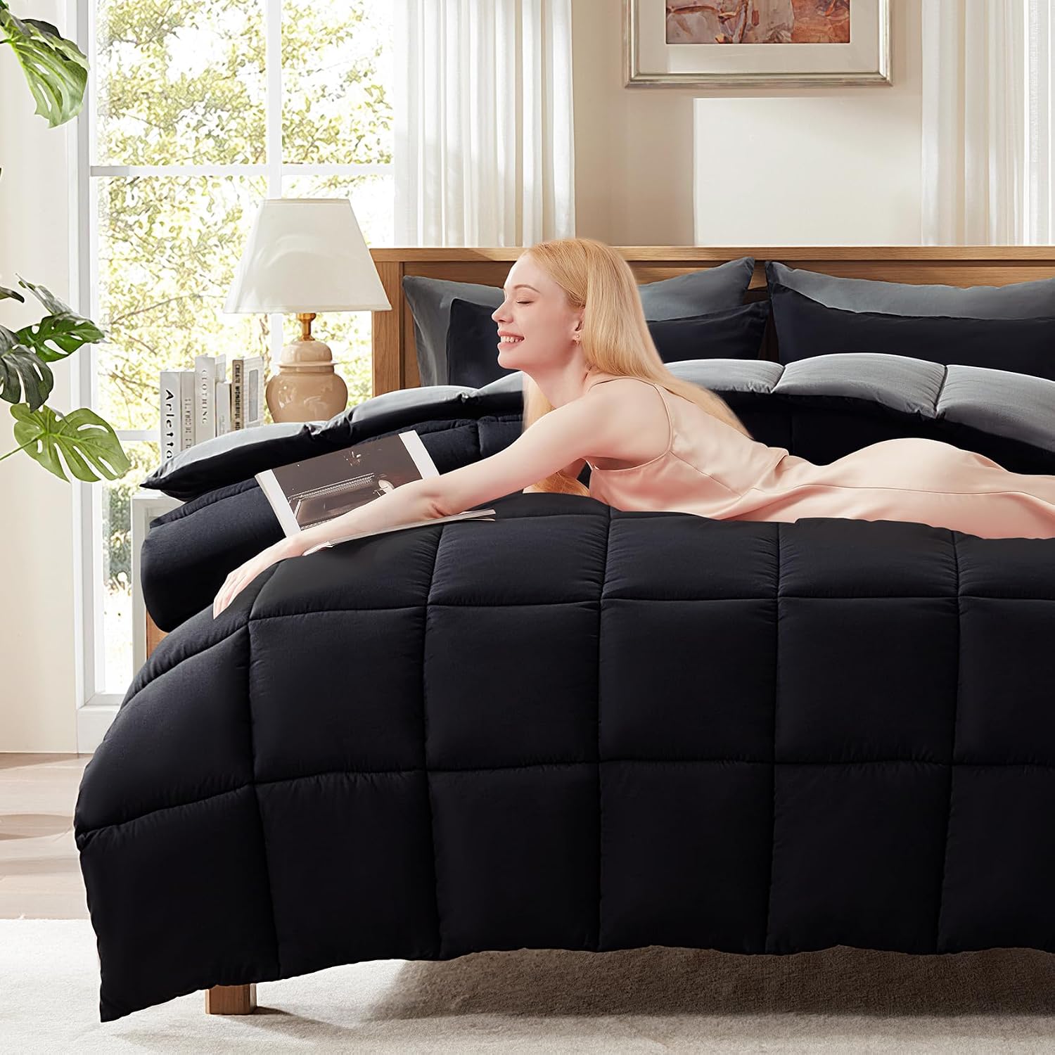 Detalle 2 de Decroom D-LDACSET-BLACKG-K King Comforter Set, Reversible Black/Grey, Quilted