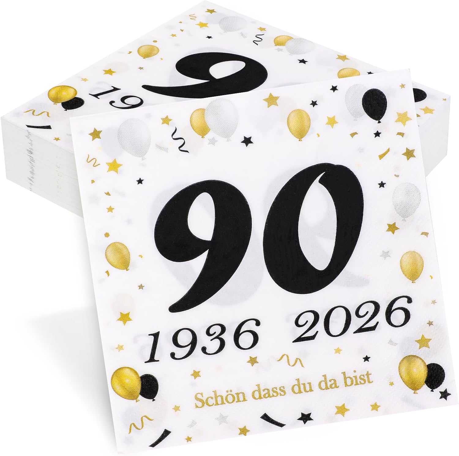 Detalle de Seutgjie 50 Servietten zum 90. Geburtstag – Schwarz-Gold mit „90“ & Geburtstags-Text (Papierservietten)