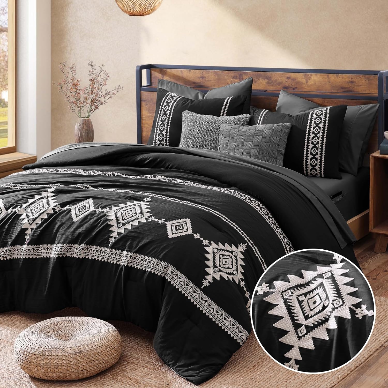 MaiRêve Embroidery Queen Size Comforter Set in Black — 7 Pieces, All-Season Boho Farmhouse Western Bedding