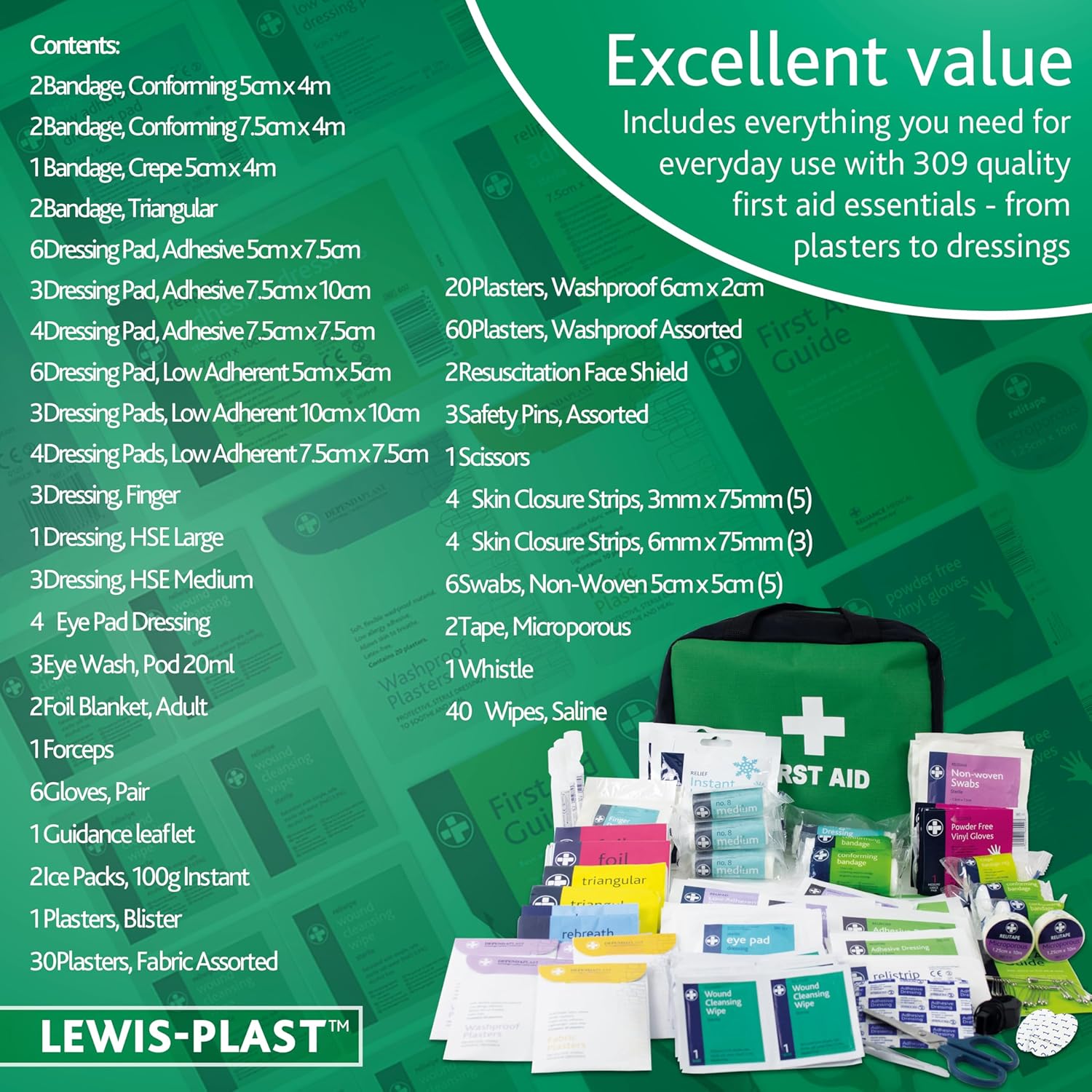 Detalle de Lewis-plast Trousse de Premiers Soins – 309 pièces, prête pour la voiture, la maison et le travail