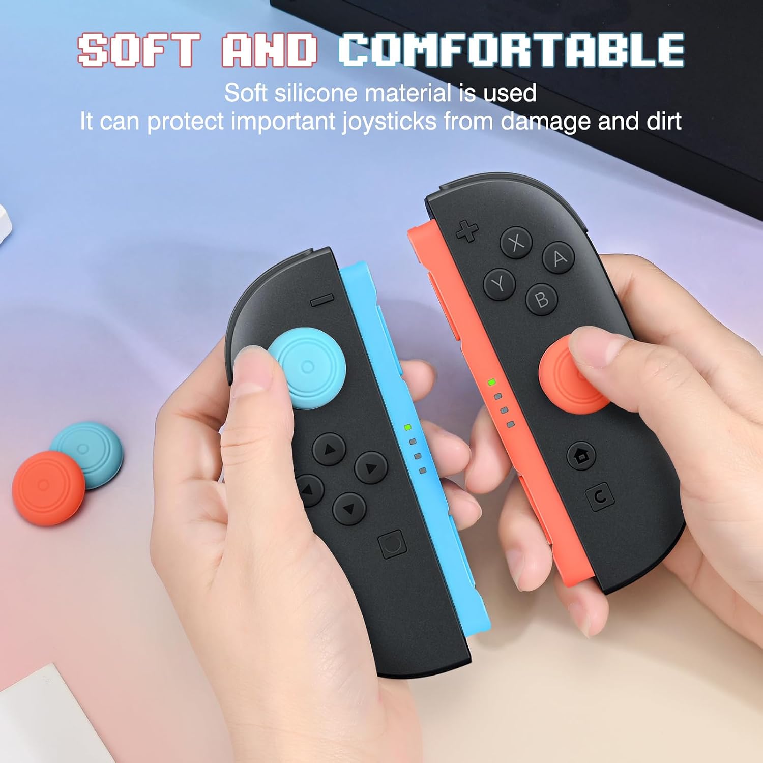 Detalle de DLseego Thumb Grip Caps for Switch 2 (4 Pack) – Silicone Joystick Covers in Blue & Orange