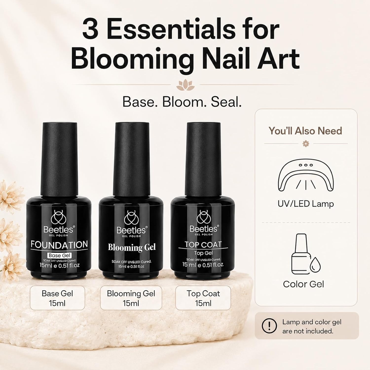 Detalle de Beetles Blooming Gel & Base Top Coat Set – 3pcs 15ml for Marble & Blooming Nail Art