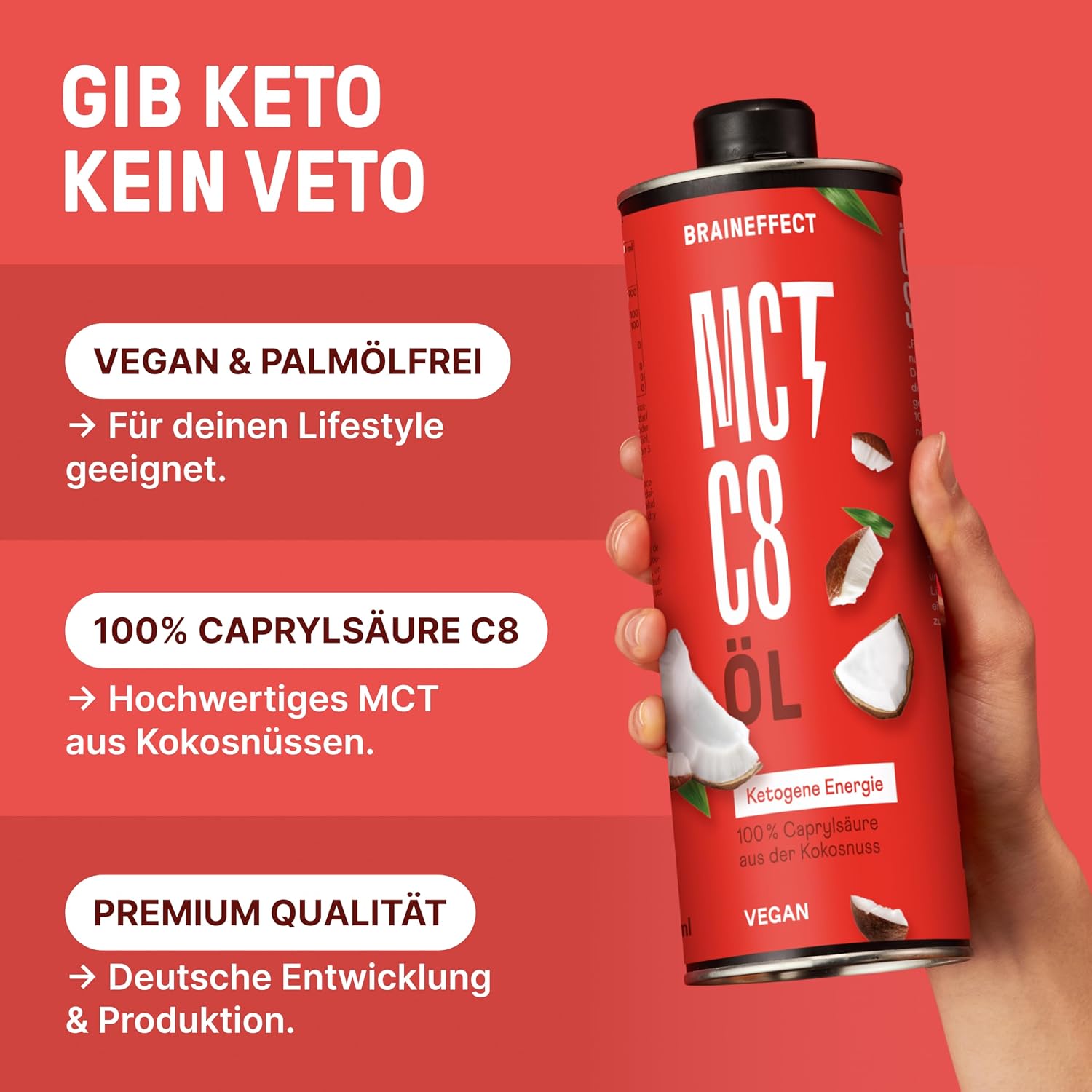 Detalle de Braineffect MCT-Öl C8 aus Kokosöl (Reiner Extrakt), 1 Liter – für Low Carb, Paleo & ketogene Ernährung