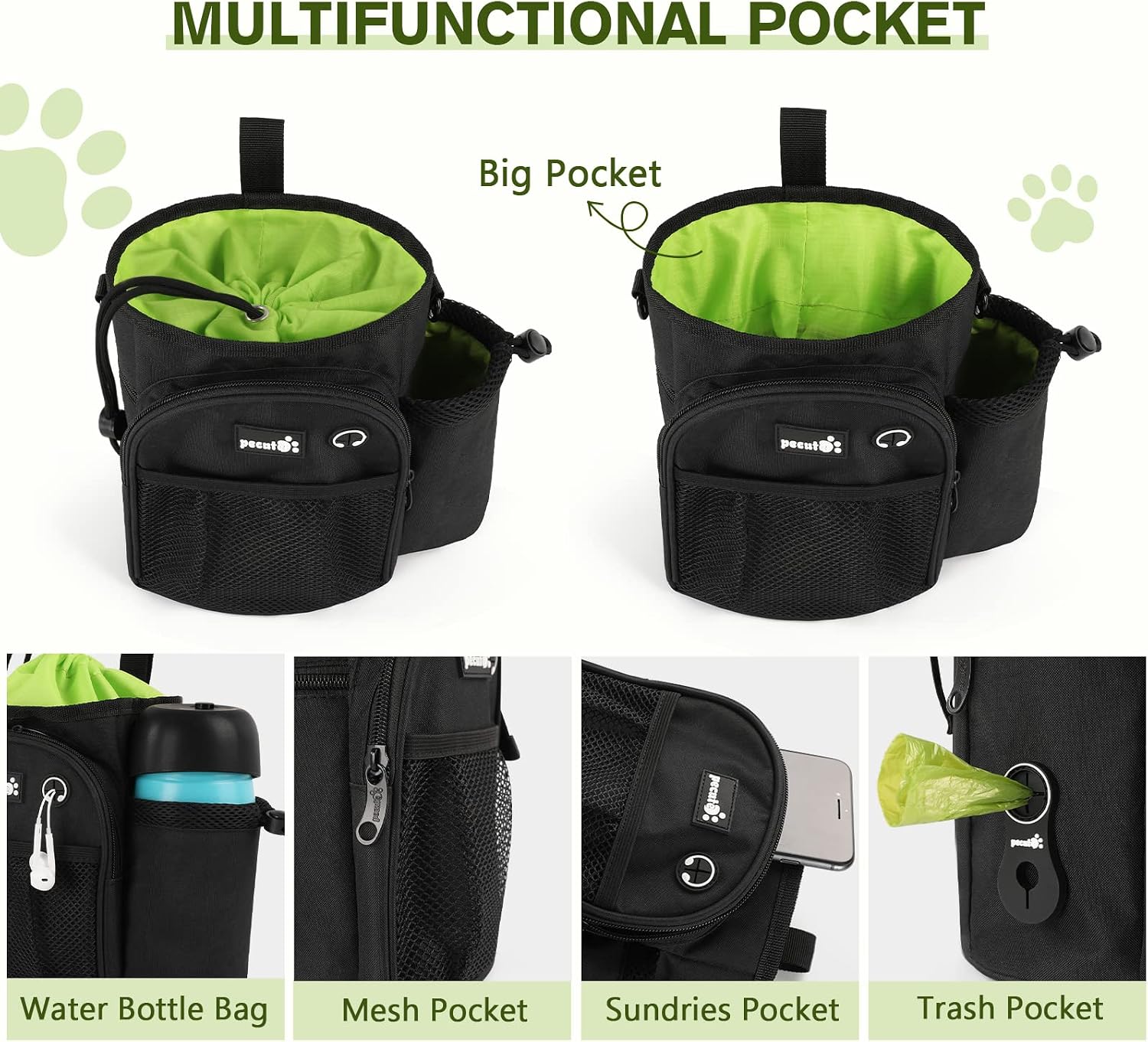 Detalle 2 de Pecute XL Dog Walking Bag with Water Bottle Holder (Black) – 22×21×16CM, 5 Pockets, Waterproof