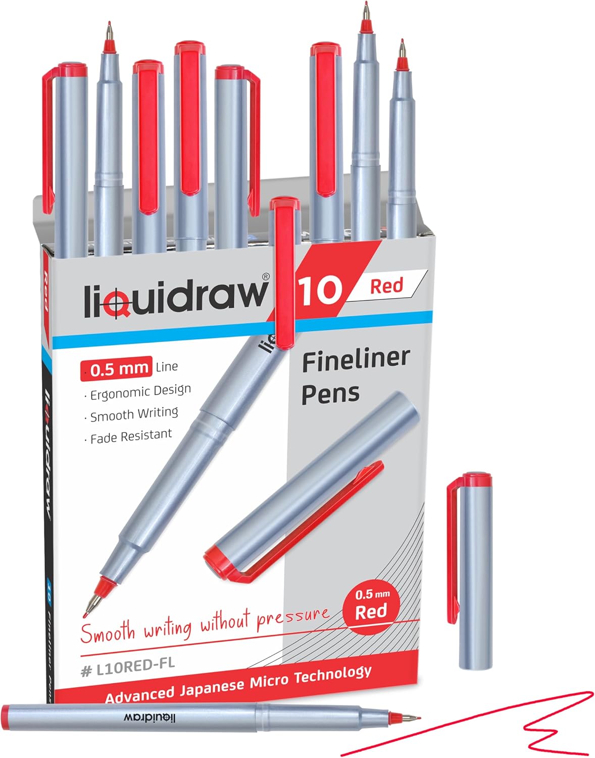 Detalle 1 de Liquidraw レッドファインライナー 10本セット 0.5mm細字・収納ケース付き