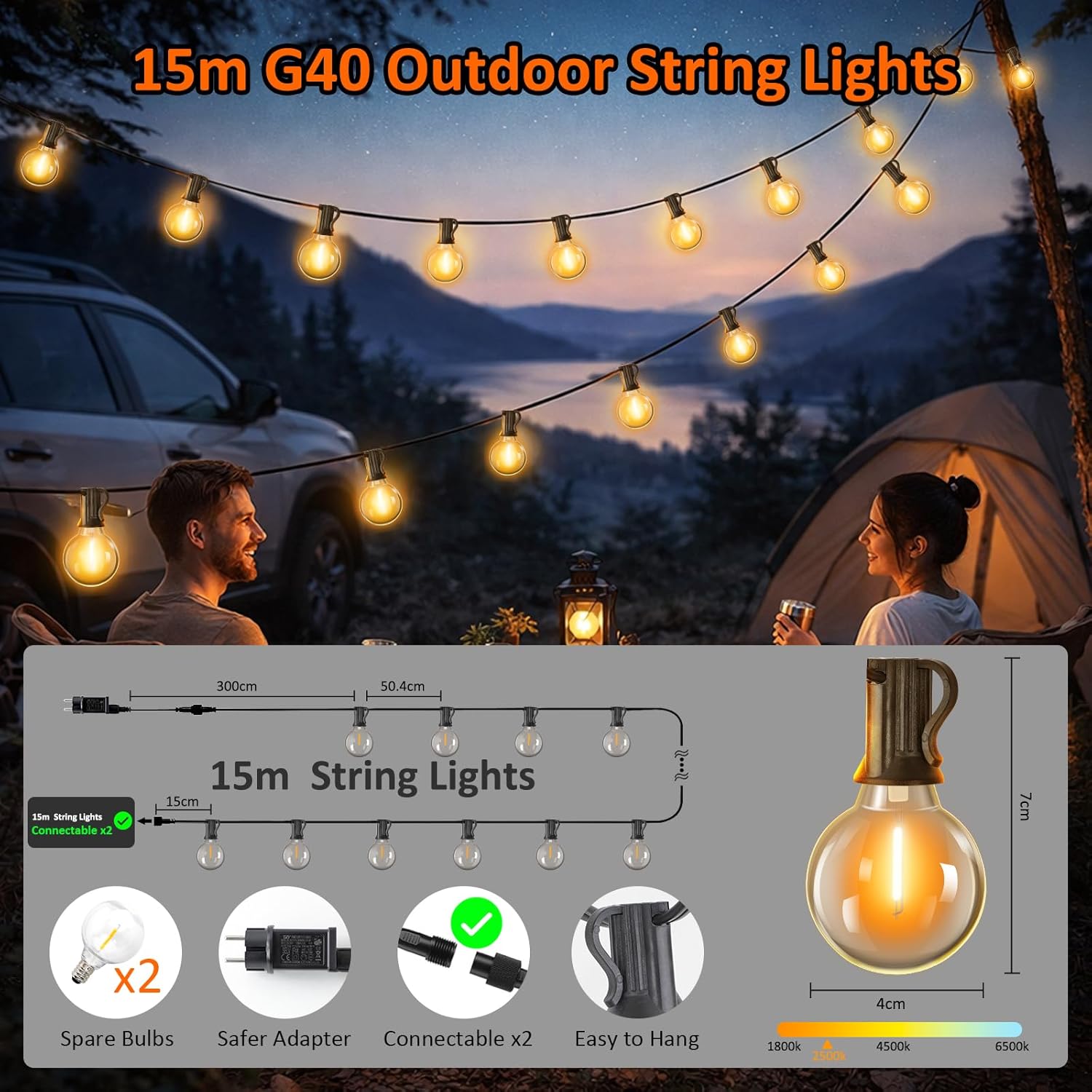 Detalle de Kangtaixin Catena Luminosa Esterno 15M con 25+2 LED G40: luci decorative esterne dimmerabili