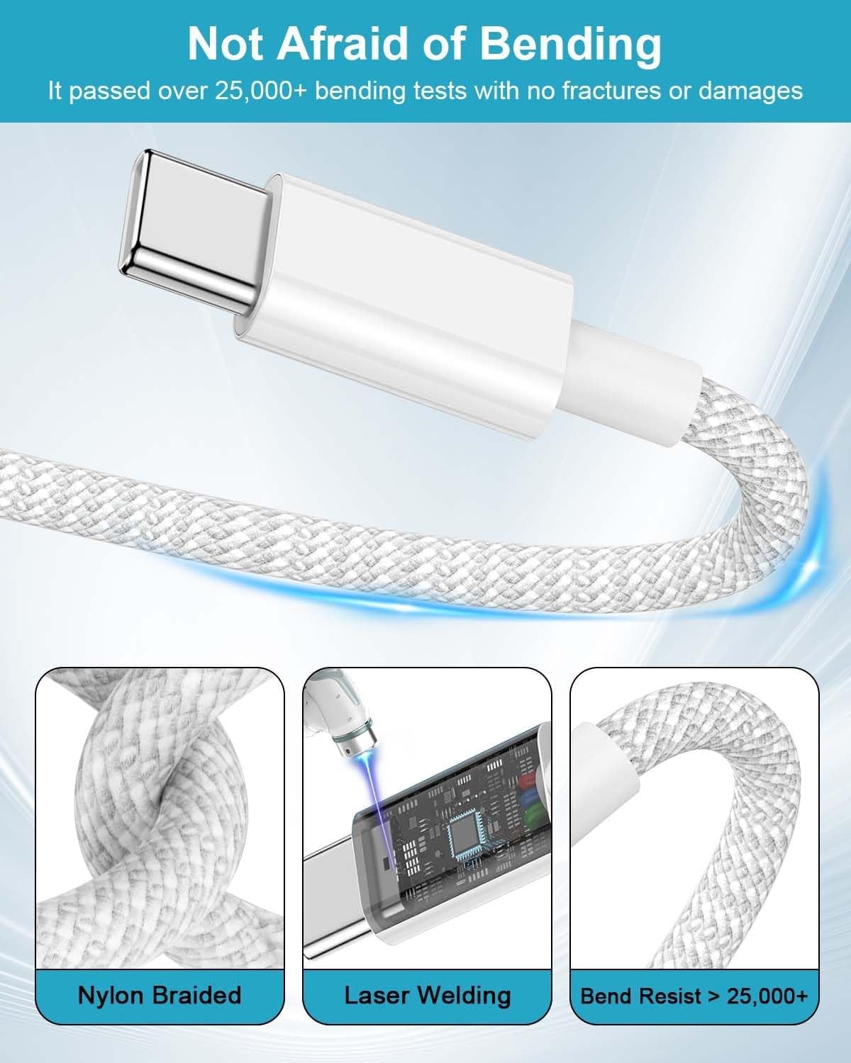 Detalle de Caricatore USB‑C 25W con cavo da 3 m: ricarica rapida e compatibilità ampia per iPhone e iPad