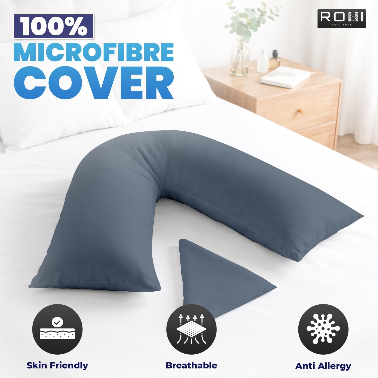 Thumbnail 2 de Rohi Orthopaedic V Pillow with Pillowcase – Anti Allergy Triangle Pillow for Adults (Grey)